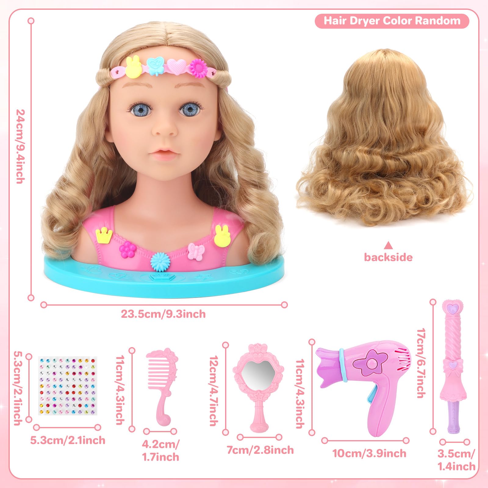 deAO Muñeca para Peinar, Juguete De Cabeza De Estilo con Luces, Muñeca para Peinar y Maquillar con Accesorios, Princess Make-Up and Hairdressing Head, Set Peluqueria Juguete Niña