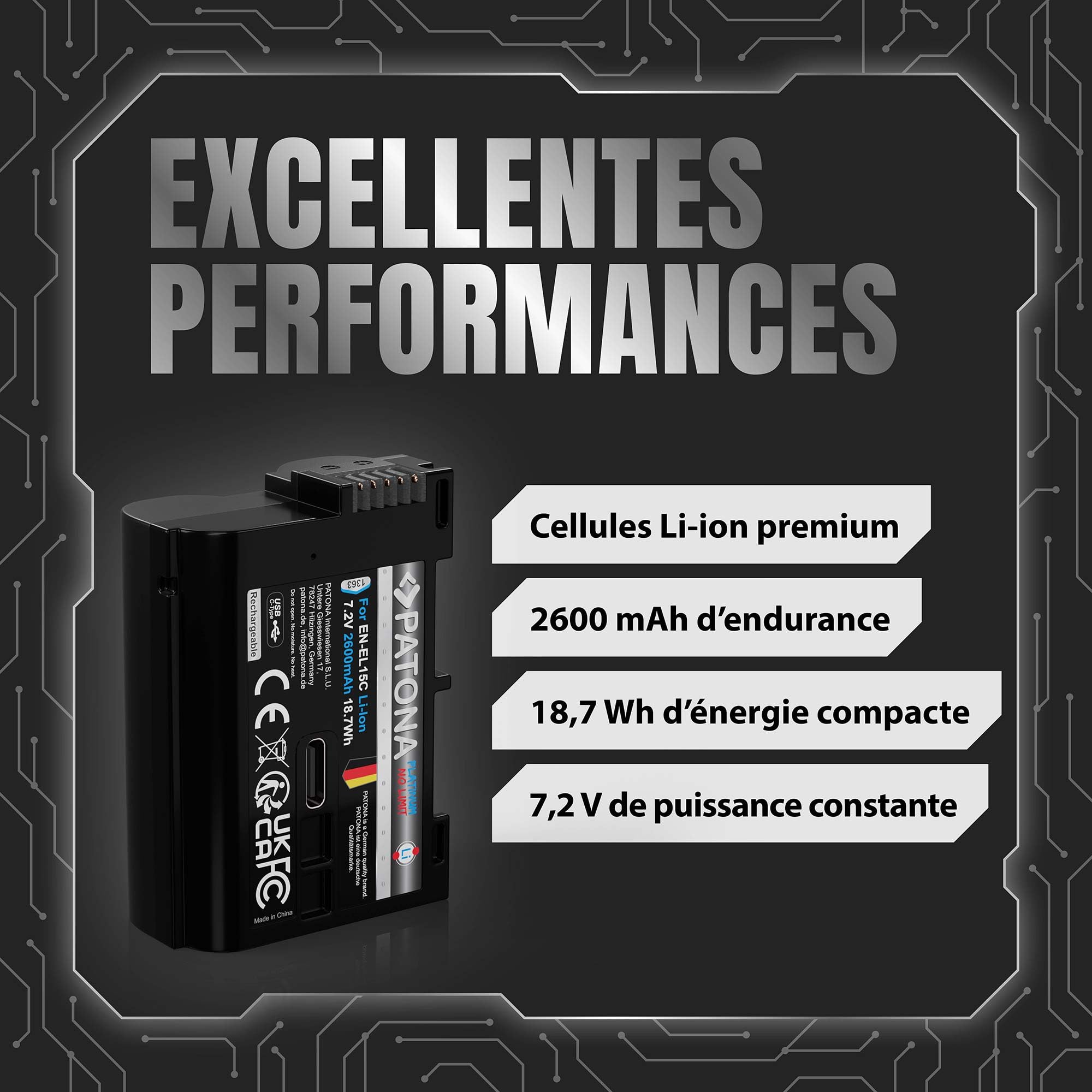 PATONA Platinum EN-EL15c Batterie 2600mAh USB-C pour Nikon Z8 Zf