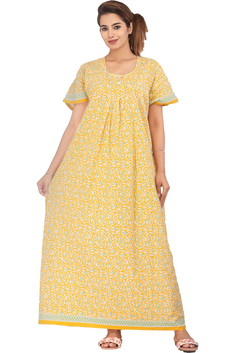 Brand Cotton Nighty for Women Yellow Printed Stylish Night Gown, Comfortable Sleepwear Long Nightwear, Maxi