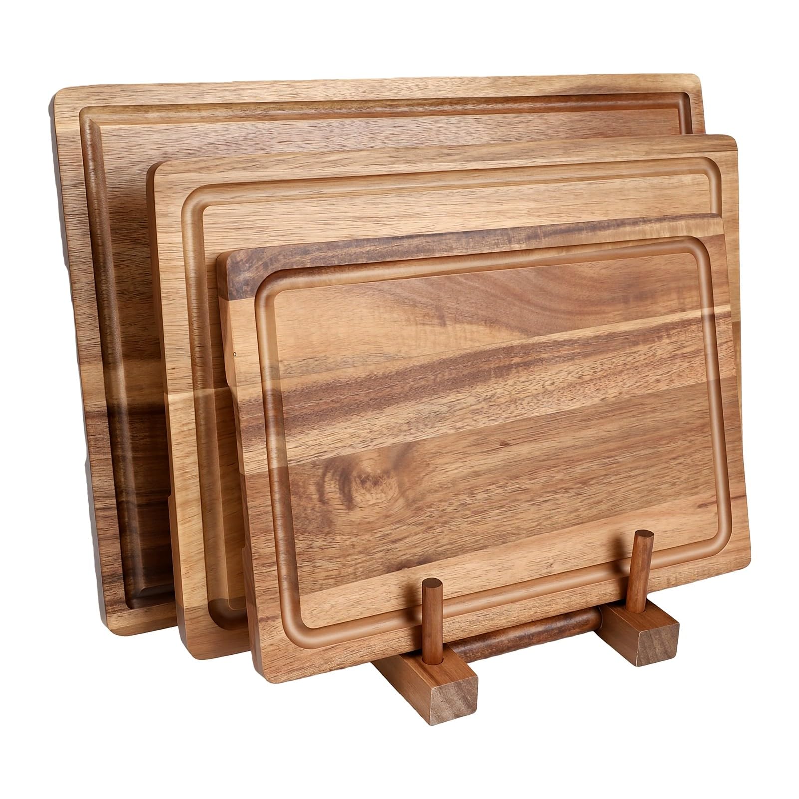 GOWENIC Juego de 3 Tablas de Cortar de Madera Maciza con Soporte de Madera, Tablas de Cortar Embutidos para Cocina, de Servir de de Primera Calidad con Patrones Llamativos, Regalo Ideal para