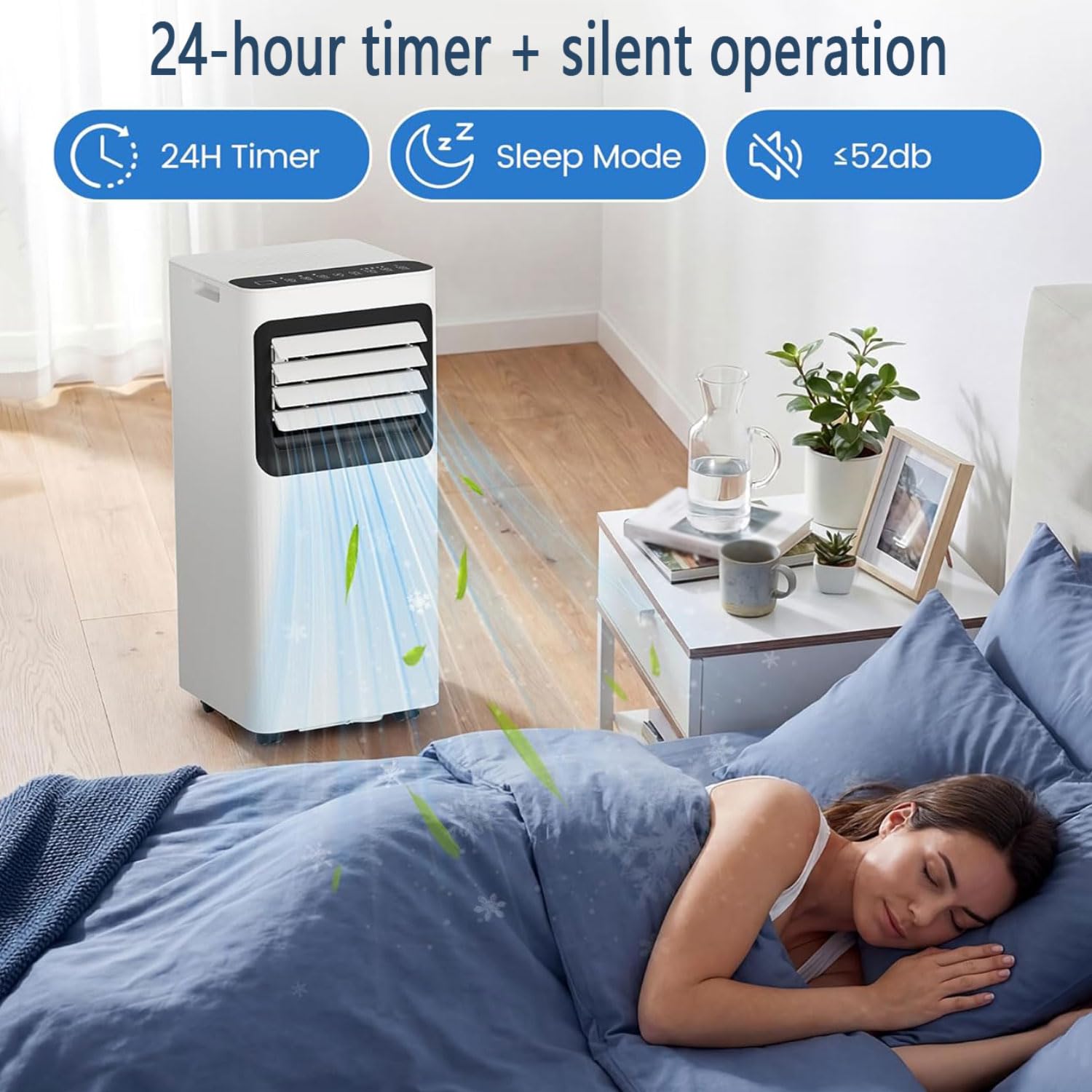 Tragbare Klimaanlage, 7000 BTU AC-Einheit, kühlt bis zu 32,5 m², leise Klimaanlage mit Ventilator und Luftentfeuchter, Fernbedienung, 24-Stunden-Timer, komplettes Fenster-Installationsset für