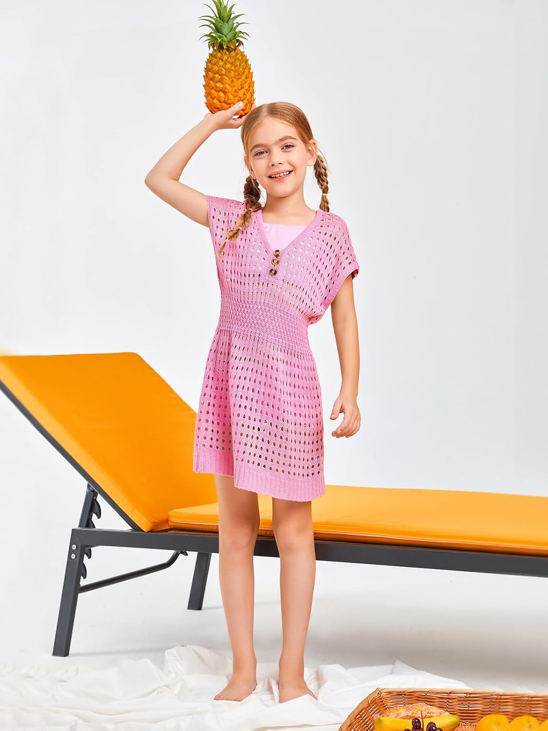 Haloumoning Girls Crochet Swim Beach Cover Up Kids Fashion Button Short Sleeve Swimsuits Cover Ups 5-14 Years - Image 3