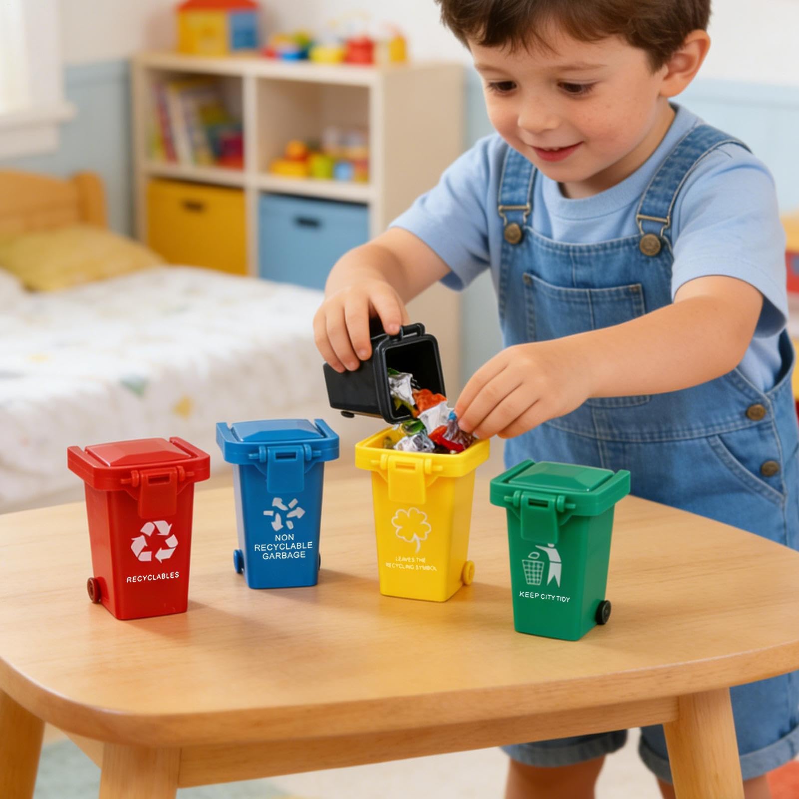 Genérico De Reciclaje Mini - 4 Piezas Mini Contenedor de Basura y Reciclaje para Escritorio | Cubo de Basura en Miniatura de - para Hogar Estudio Oficina Escuela Aula Jardín de Infancia Guardería