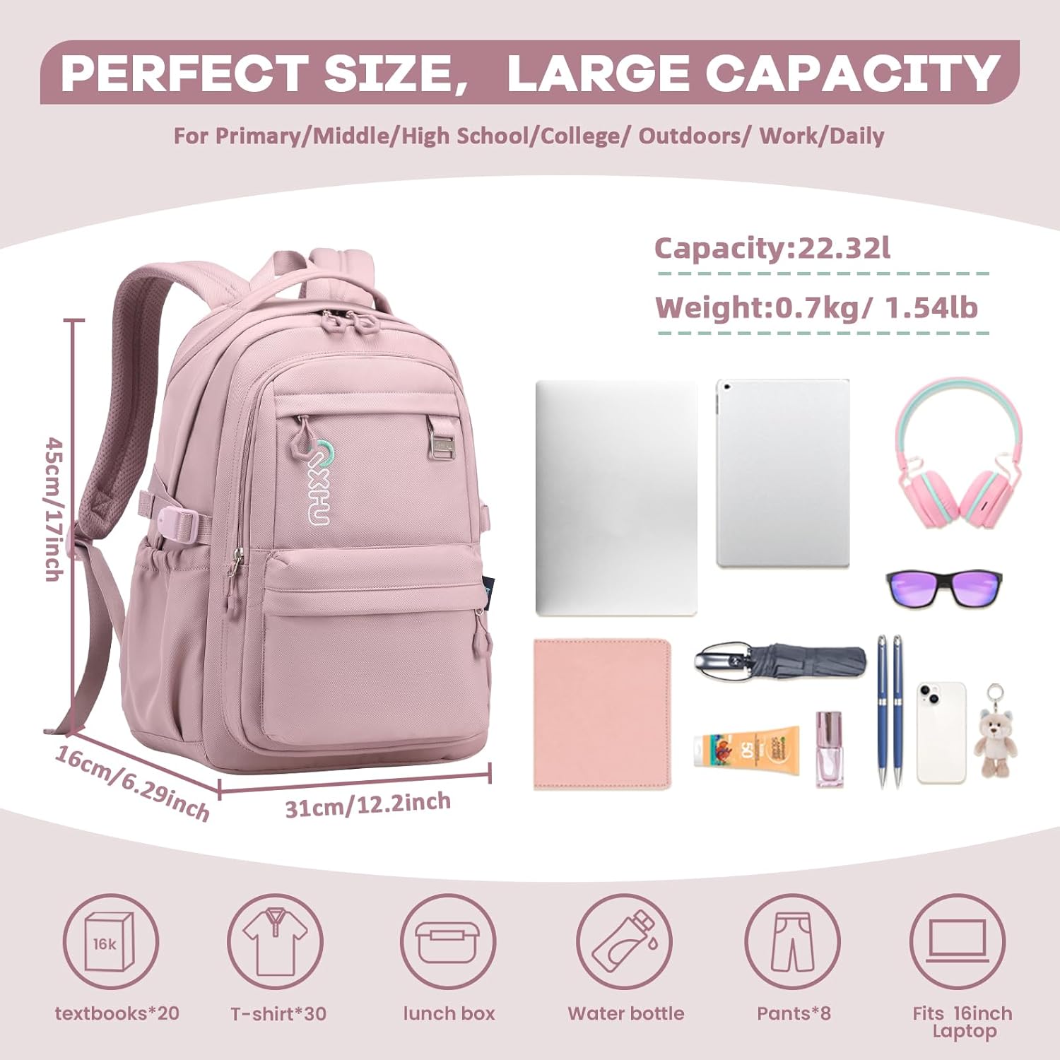 Trendy Casual Backpack with Solid Color, Water Resistence School backpack for Girls, Teen Bookbag for Women, Purple - Image 3