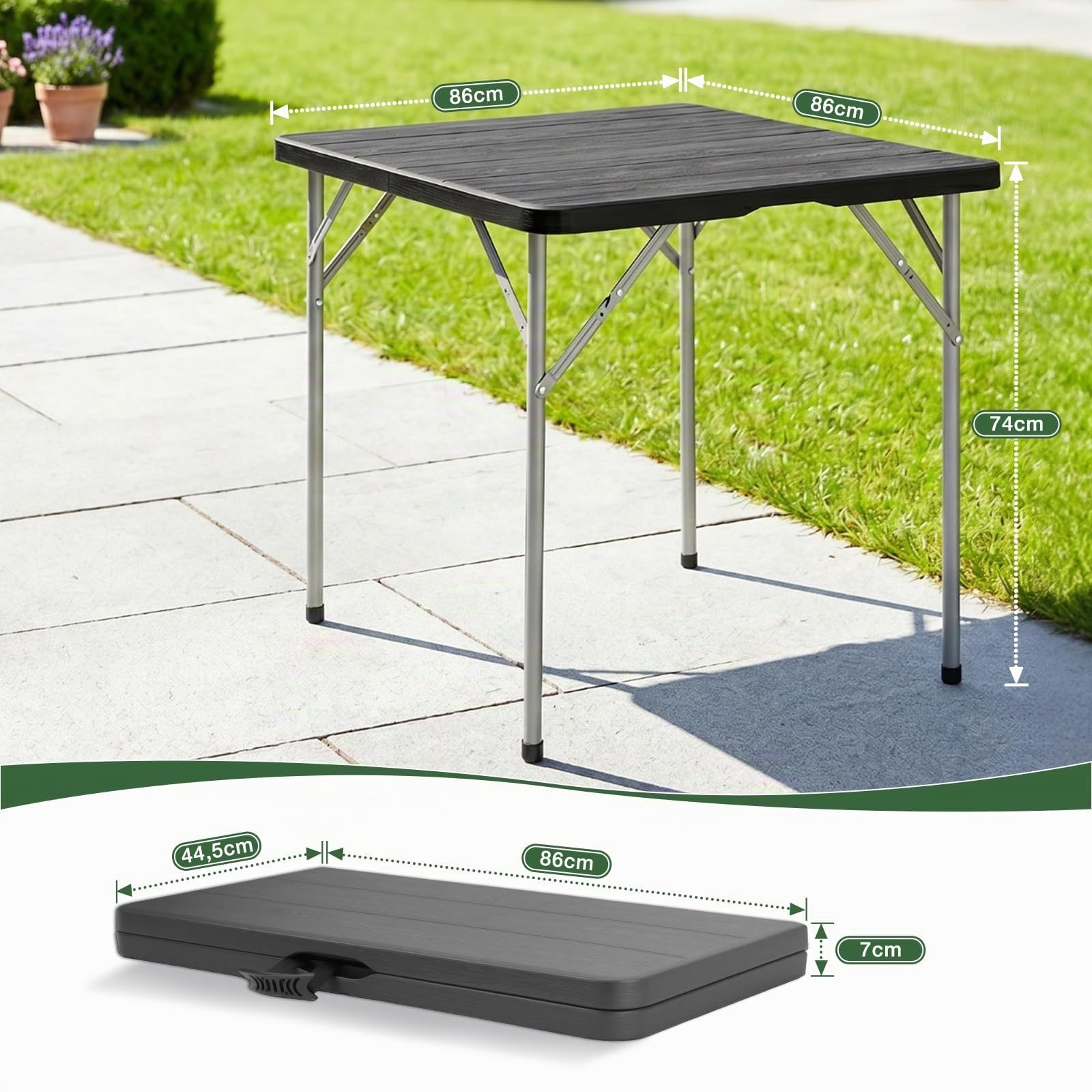 Sekey Gartentisch Klappbar, H x B x T: 74 x 86 x 86 cm, Kunststoff Holz Optik Balkontisch 4 Personen, Wetterfest Klapptisch Outdoor Campingtisch Beistelltisch Bistrotisch, Schwarz