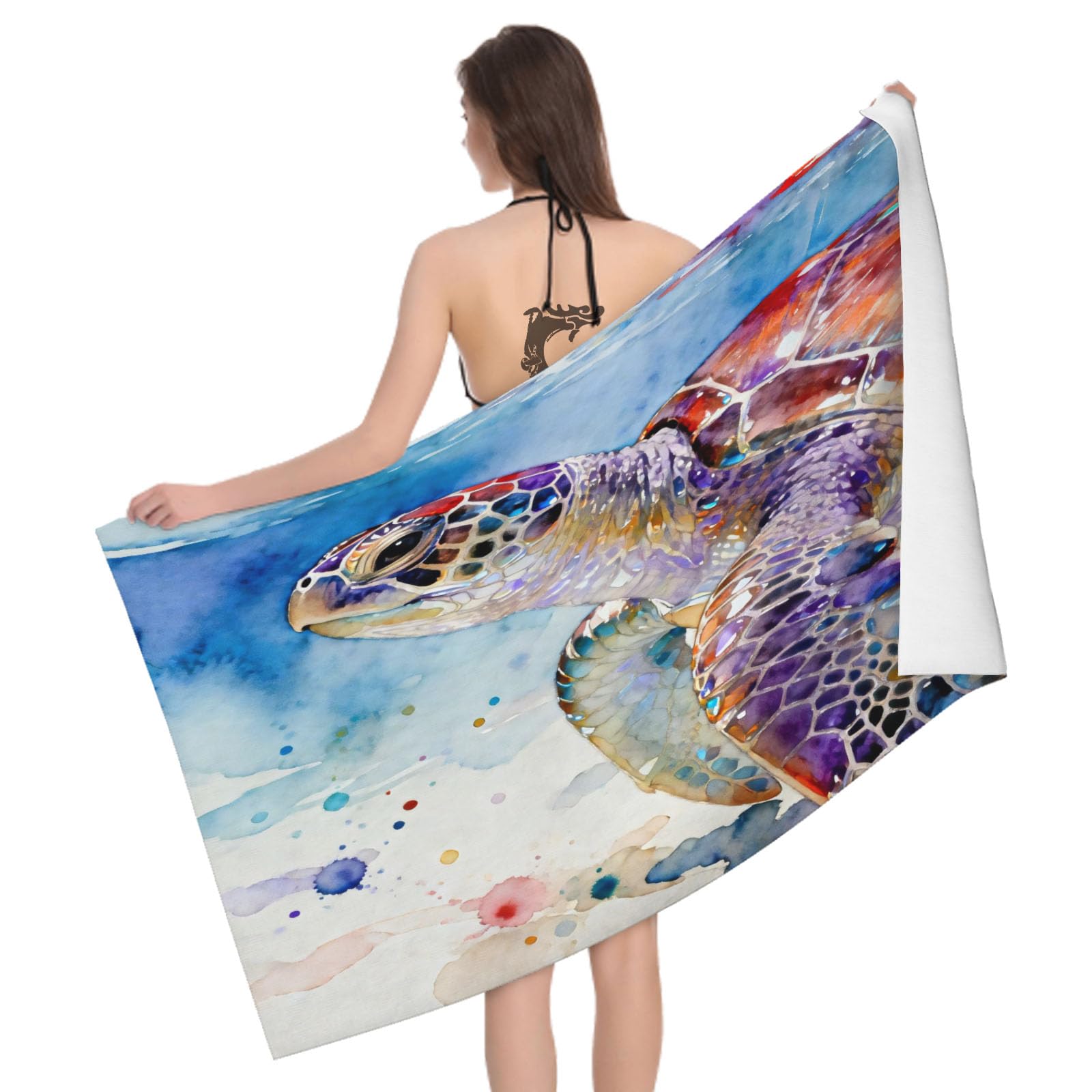 Leichong 3D Watercolor Sea Turtle Beach Towel Microfiber Soft Quick Dry for Adults, Watercolor Style Bath Towel Lightweight Soft Absorbent for Travel Swimming Pool Sports, 75 x 150 cm
