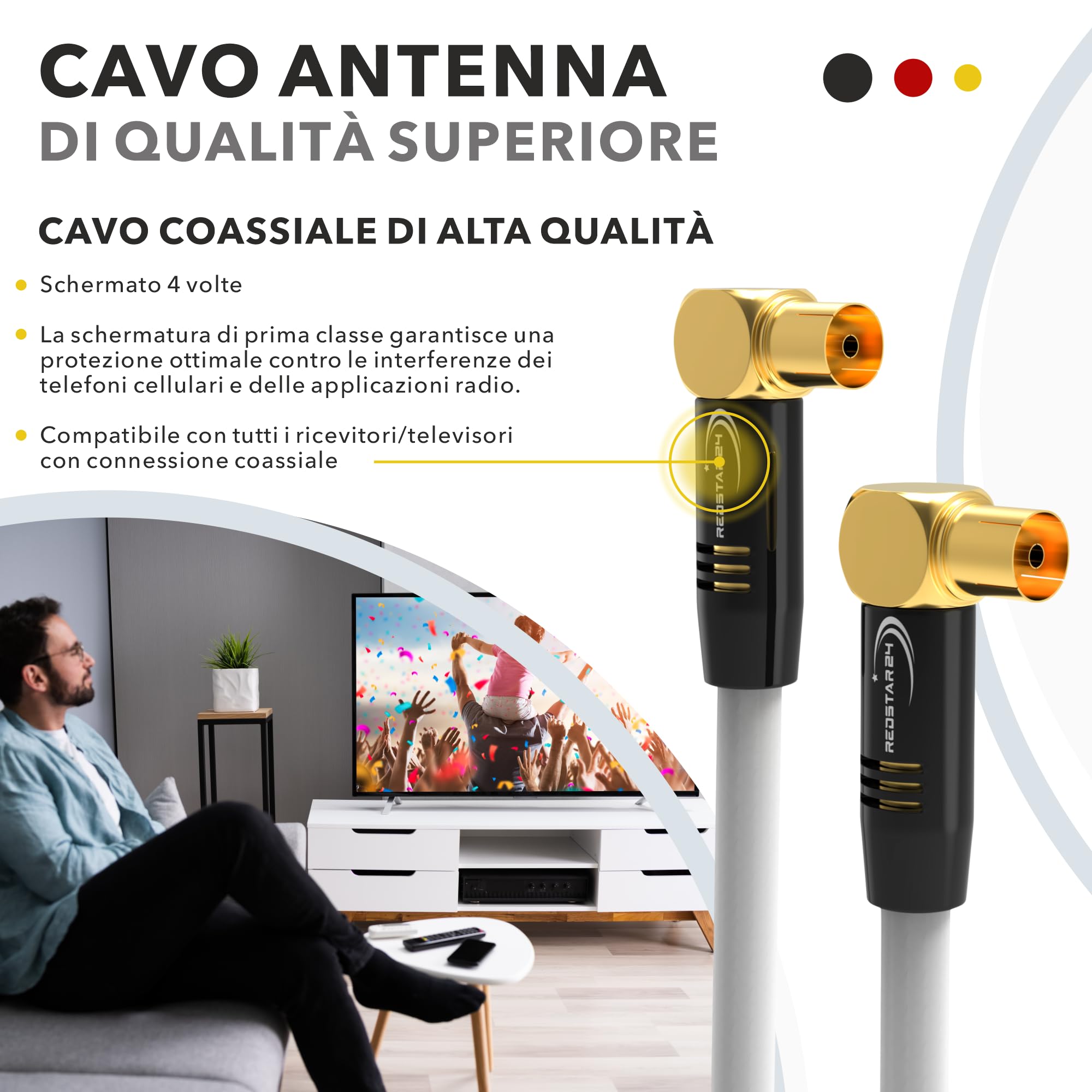 RedStar24 Cavo Antenna 7,5m Bianco - 90° Angolato Coassiale | Maschio a Femmina - Cavo Coassiale HDTV Premium per la TV via cavo | Cavo TV: Compatibile con TV, Radio, DVB-T/T2, DVB-C, DAB