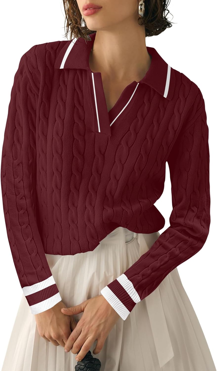 Micoson Womens Fall Long Sleeve Sweaters Lapel V Neck Cable Knitted Pullover Casual Soft Jumper Top