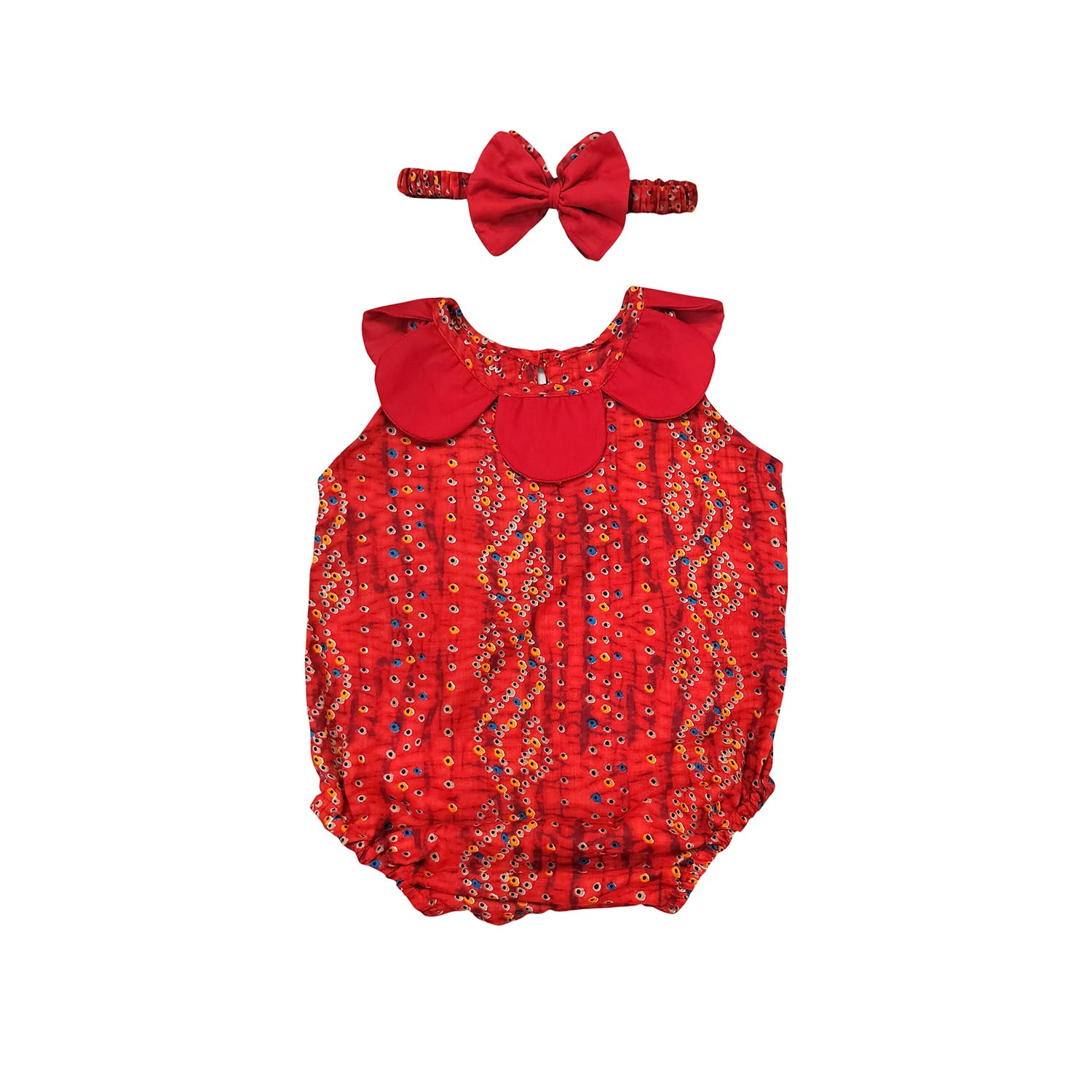 The Root & Craft Kids Birthday Photoshoot Outfit Dress Girls Bandhani Print Romper With Hairband Born Baby Photography Photoshoot Props(0 To 12 Month) Red (0-3 Month) 1