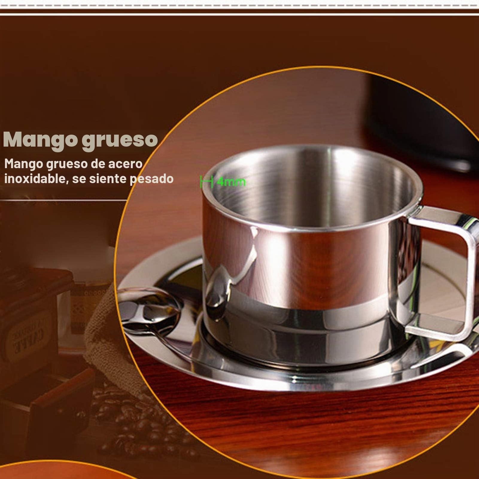 Juego de Tazas de Café Acero Inoxidable, 3 Piezas/Juego Tazas Café Espresso Aisladas, Taza Doble Pared con Asa Té Leche con Platillo Cuchara para Cafés Latte Té Leche (4 Juego)
