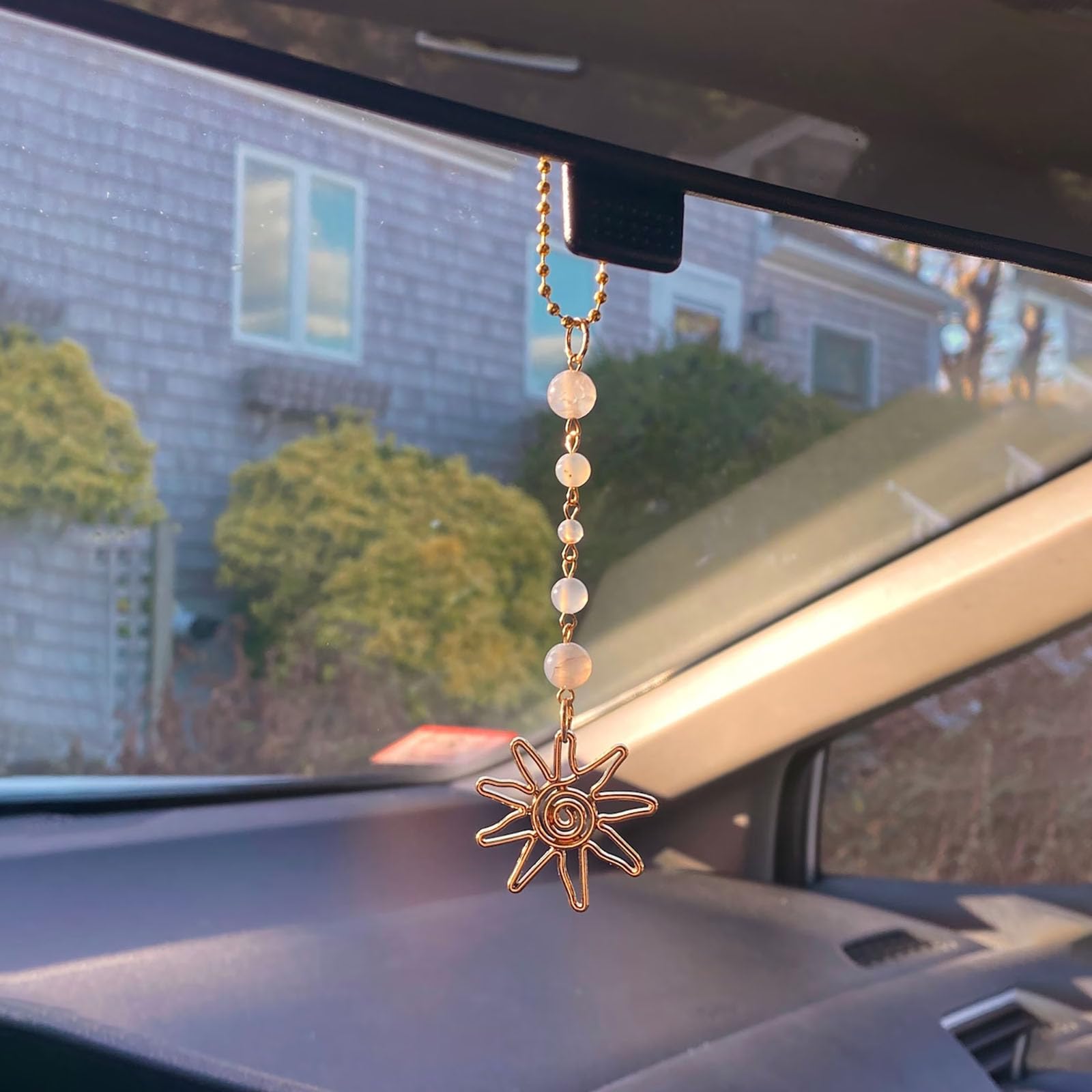 Sun Hanging Car Charm,Green and Gold Rear View Mirror Accessories Cute Boho Dangling Sun Car Decor Handmade Healing Crystals Stones Ornament Gifts for