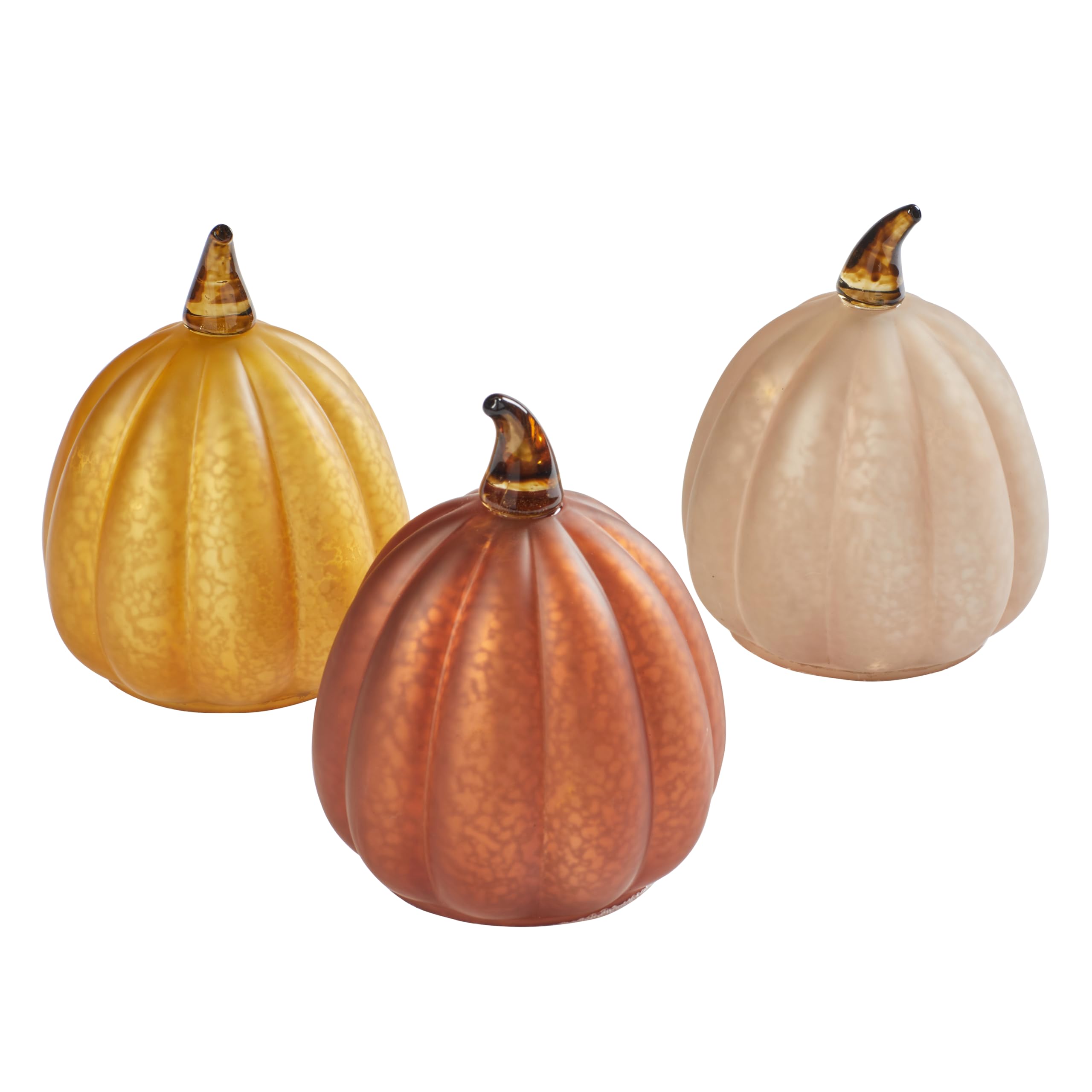 Lights4fun Lot de 3 Citrouilles Décoratives en Verre Moucheté LED à Piles avec Minuterie Décoration d'automne et d'halloween pour Intérieur