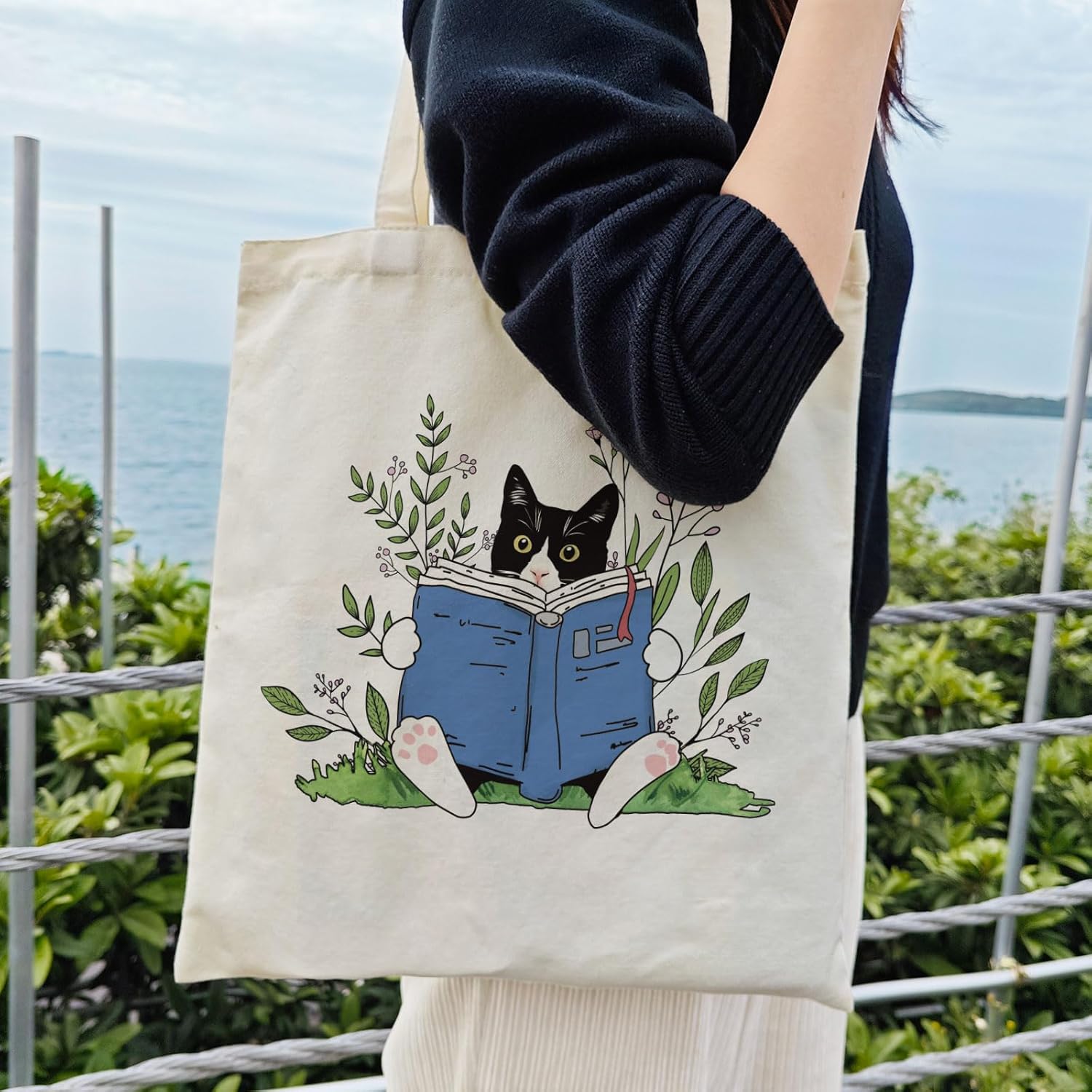 Dlzdn Cat Tote Bag Aesthetic Cute Tuxedo Cat Book Reusable Shopping Grocery Bag Beach Bag Birthday Christmas Gifts for Women Teacher - Image 2