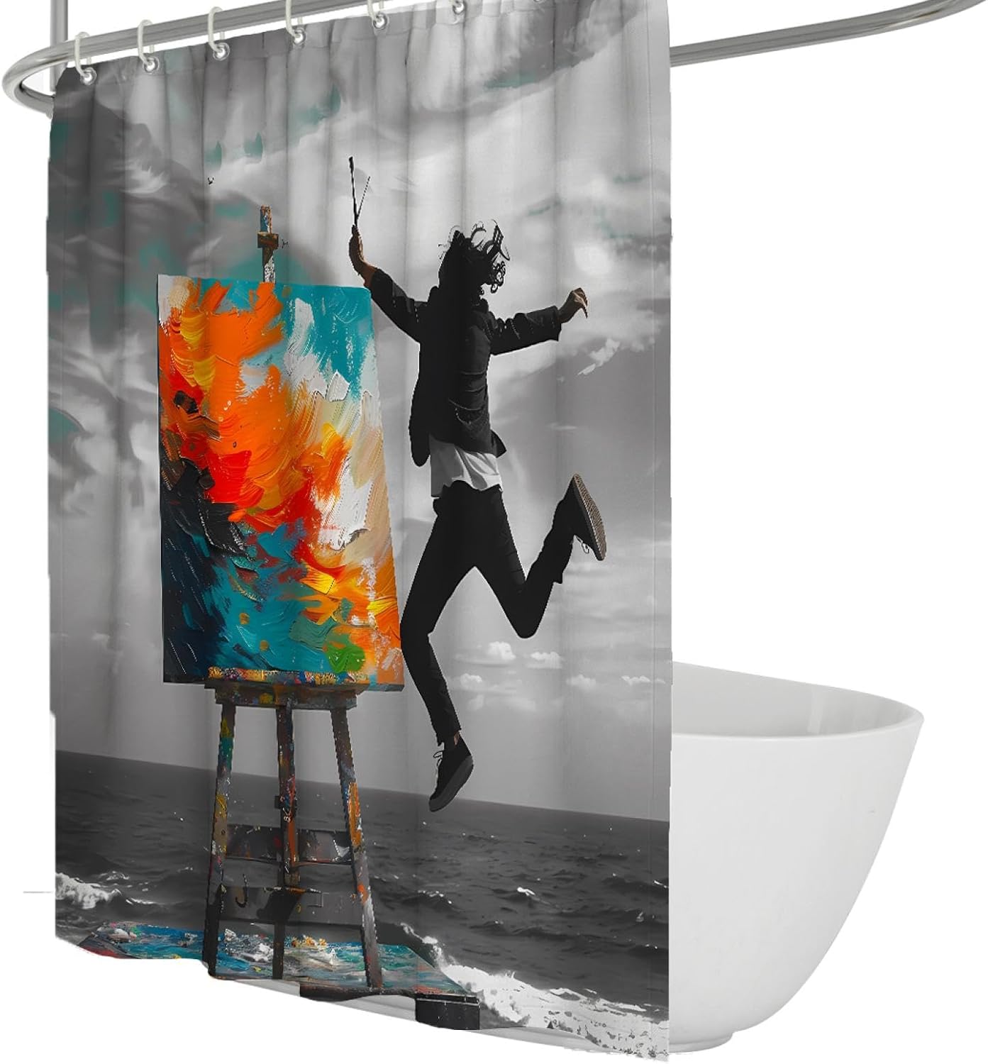 Man Paints on The Beach Shower Curtain Liner with Hooks Abstract Surrealism Graffiti Shower Curtains for Dorm Apartment Bathroom 60x72