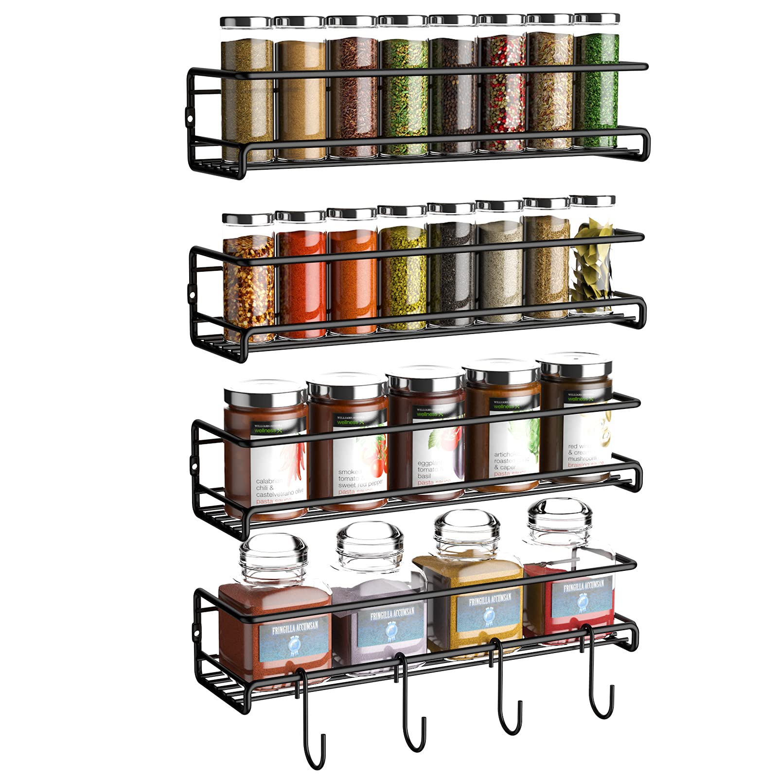 Spice Rack Organizer for Cabinet or Wall Mount(4 Tier), Hanging Black Spice Organizer Shelf Holder for Kitchen Wall,Seasoning Organizer Storage Racks for Kitchen Cabinet, Cupboard or Pantry Door