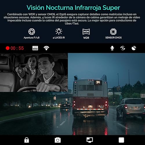 Miniatura 4 de Cámara de salpicadero Wi-Fi integrada de 1080P FHD con GPS, grabadora de cámara frontal e interior de automóvil con visión nocturna infrarroja,