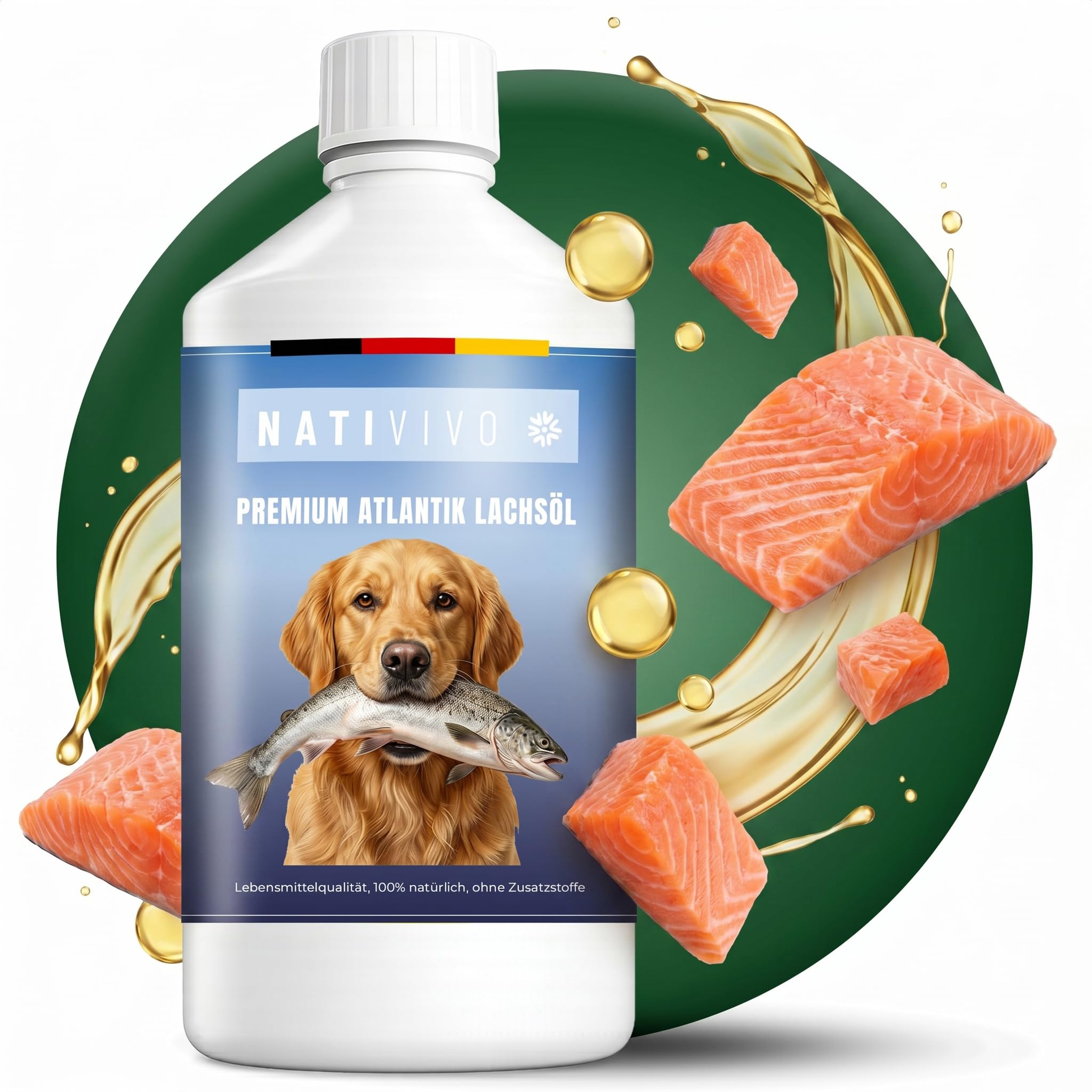 NatiVivo Premium Lachsöl 500ml – hochwertiges Fischöl für Hunde, Katzen & Pferde – reich an Omega 3 & 6 Fettsäuren – naturbelassenes Barföl für Hunde