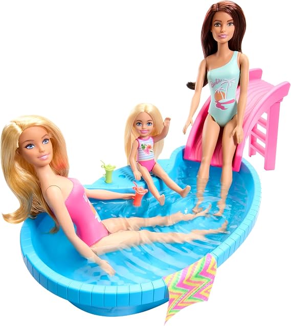 Barbie Doll and Pool Playset, Blonde in Tropical Pink One-Piece Swimsuit with Pool, Slide, Towel and Drink Accessories, HRJ74