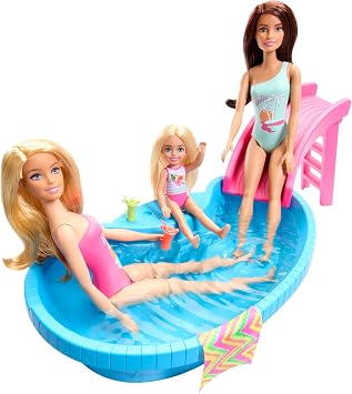 Barbie Doll and Pool Playset, Blonde in Tropical Pink One-Piece Swimsuit with Pool, Slide, Towel and Drink Accessories, HRJ74