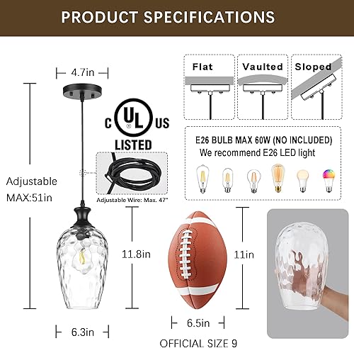 Miniatura 3 de Glass Pendant Lights Kitchen Island, 1-Light Black Pendant Light Fixtures with Hand-Blown Clear Glass, Farmhouse Hanging Light for Kitchen Sink