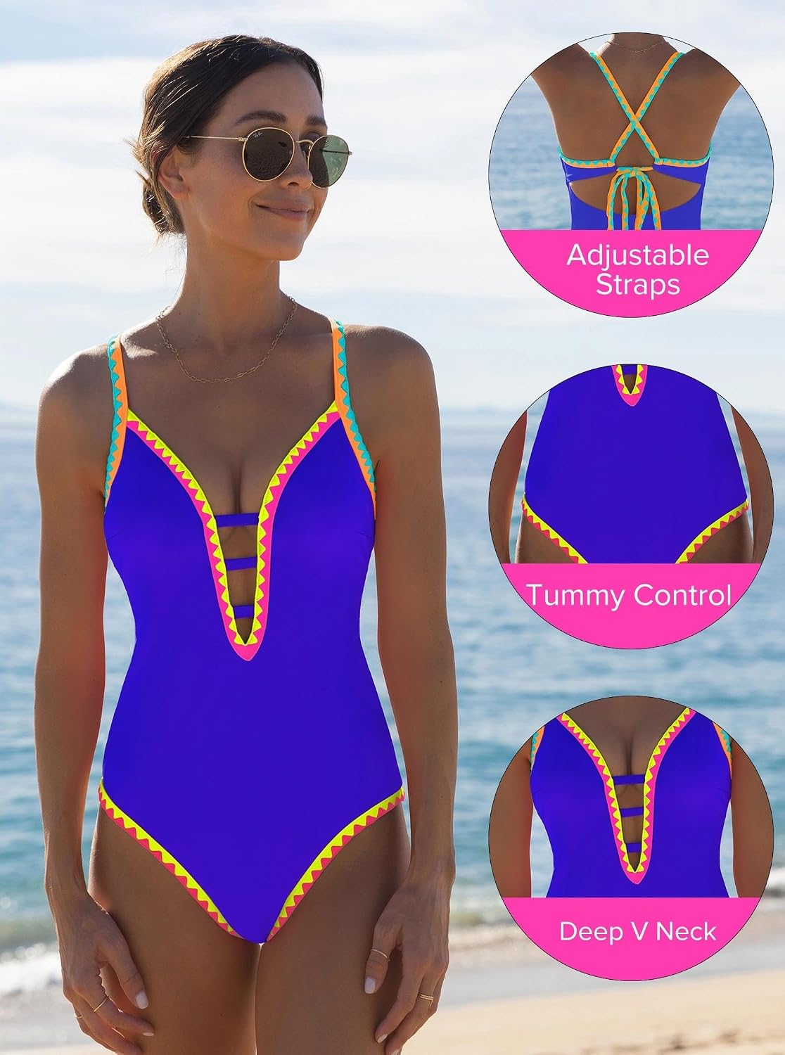 popvil Women One Piece Swimsuit Tummy Control Deep V Neck Neon Cute Bathing Suit Back Tie Swim Suits 2026 Summer