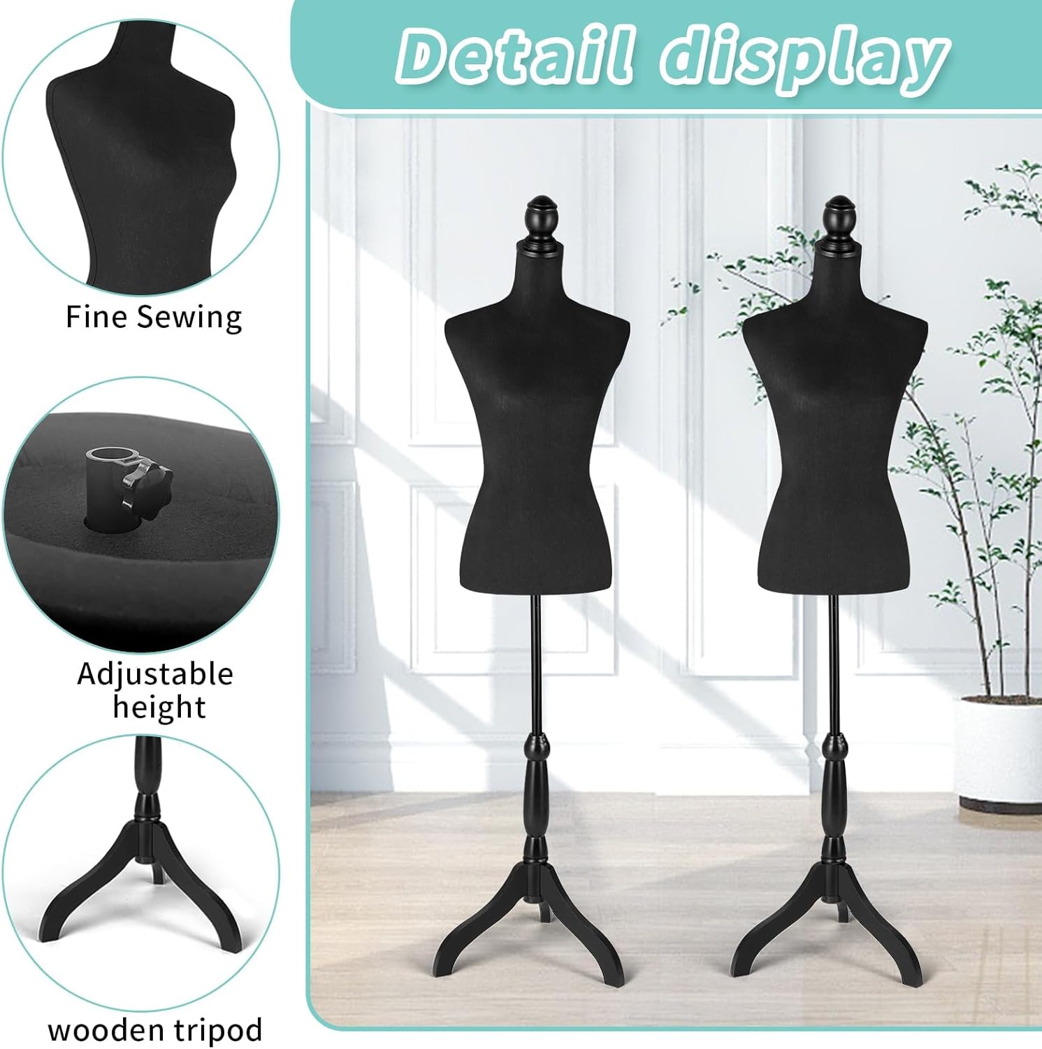 Black Dress Form Mannequin, 52''-67'' Height Adjustable Female Manikin Torso Stand, Female Mannequin Torso Dress Form with Wooden Tripod Base Stand and Detachable Iron Bracket