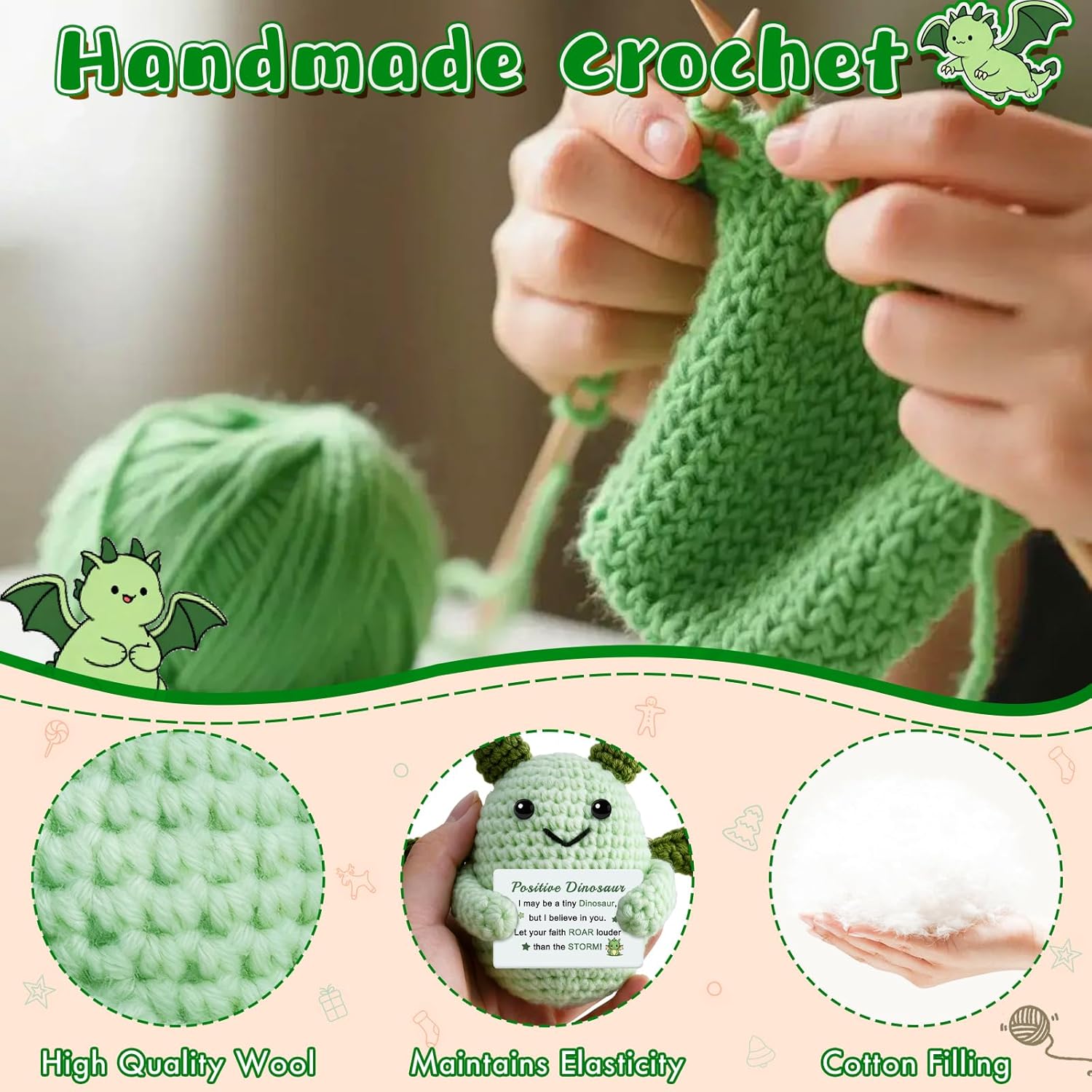 Positive Crochet Dragon Animal Gifts for Friend Easter Basket Stuffer Emotional Crochet Support Dinosaur Encouragement Cheer Up Gifts for Women Men Daughter Son Birthday - Image 4