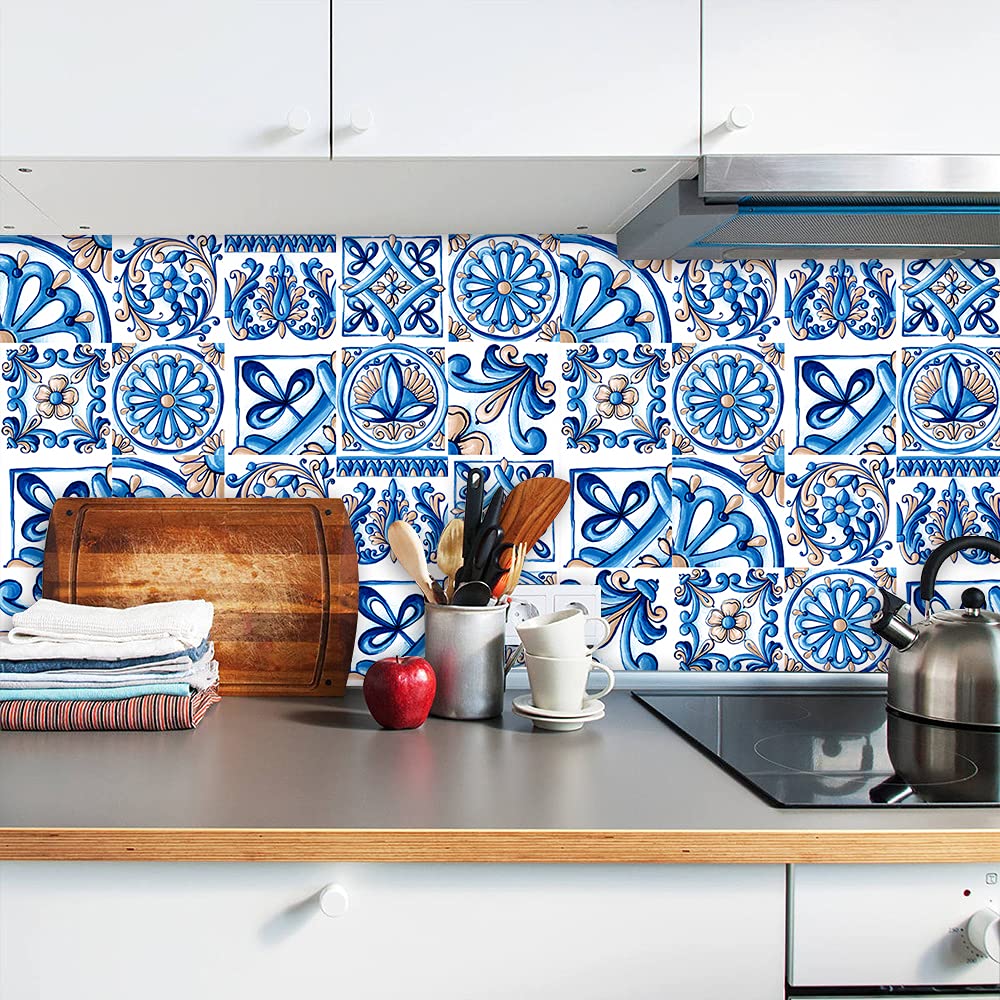 Confezione da 20 adesivi per piastrelle per cucina e bagno, impermeabili in PVC, decorazione da parete autoadesiva, decorazione a mosaico in stile architettonico retrò (20,3 x 20,3 cm, blu)