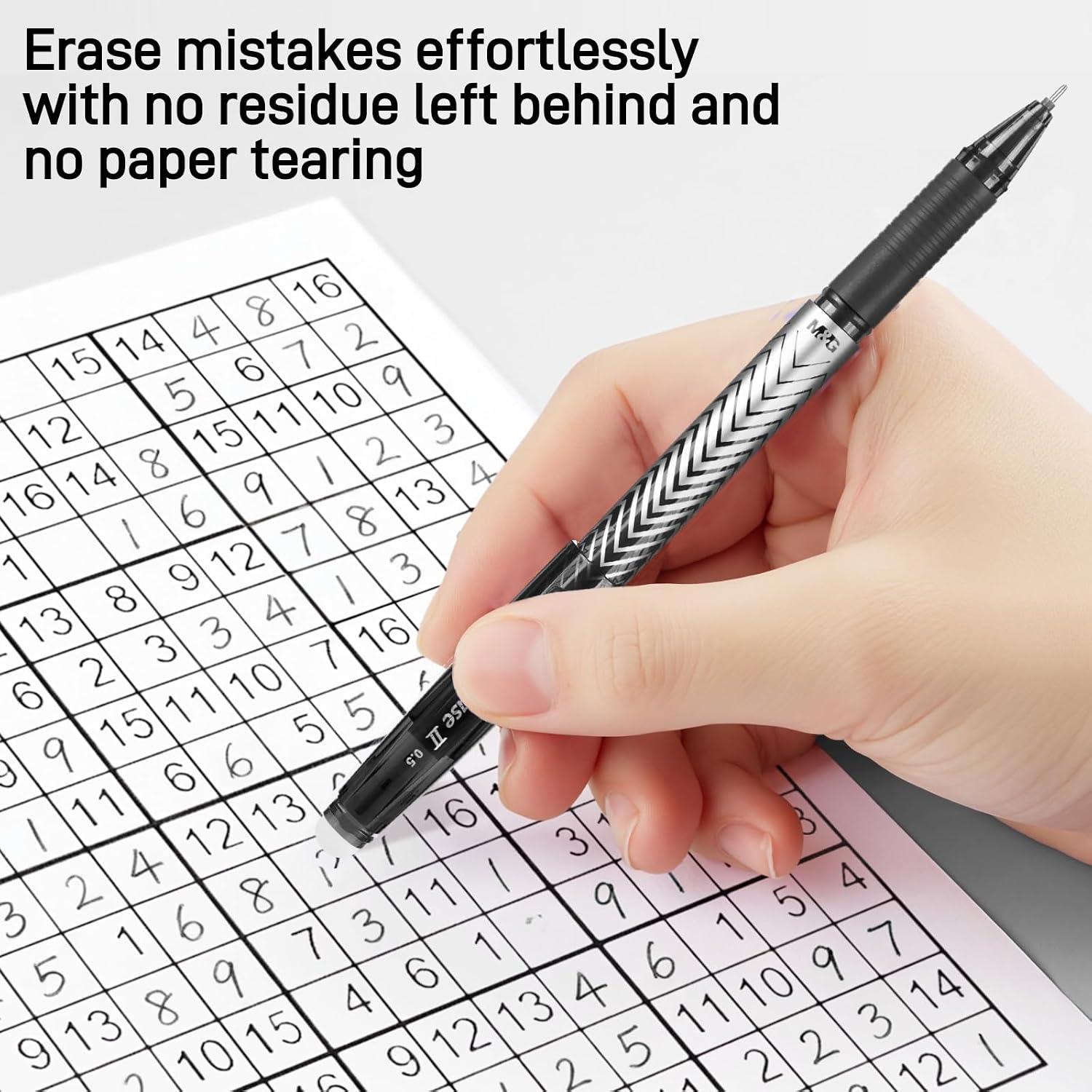 M&G Erasable Pens, 0.5mm Fine Point Black Ink Erasable Gel Pens Comfort Grip and Cap, Make Mistakes Disappear for Drawing Writing Planner and Crossword Puzzles, 6 Pcs image 4