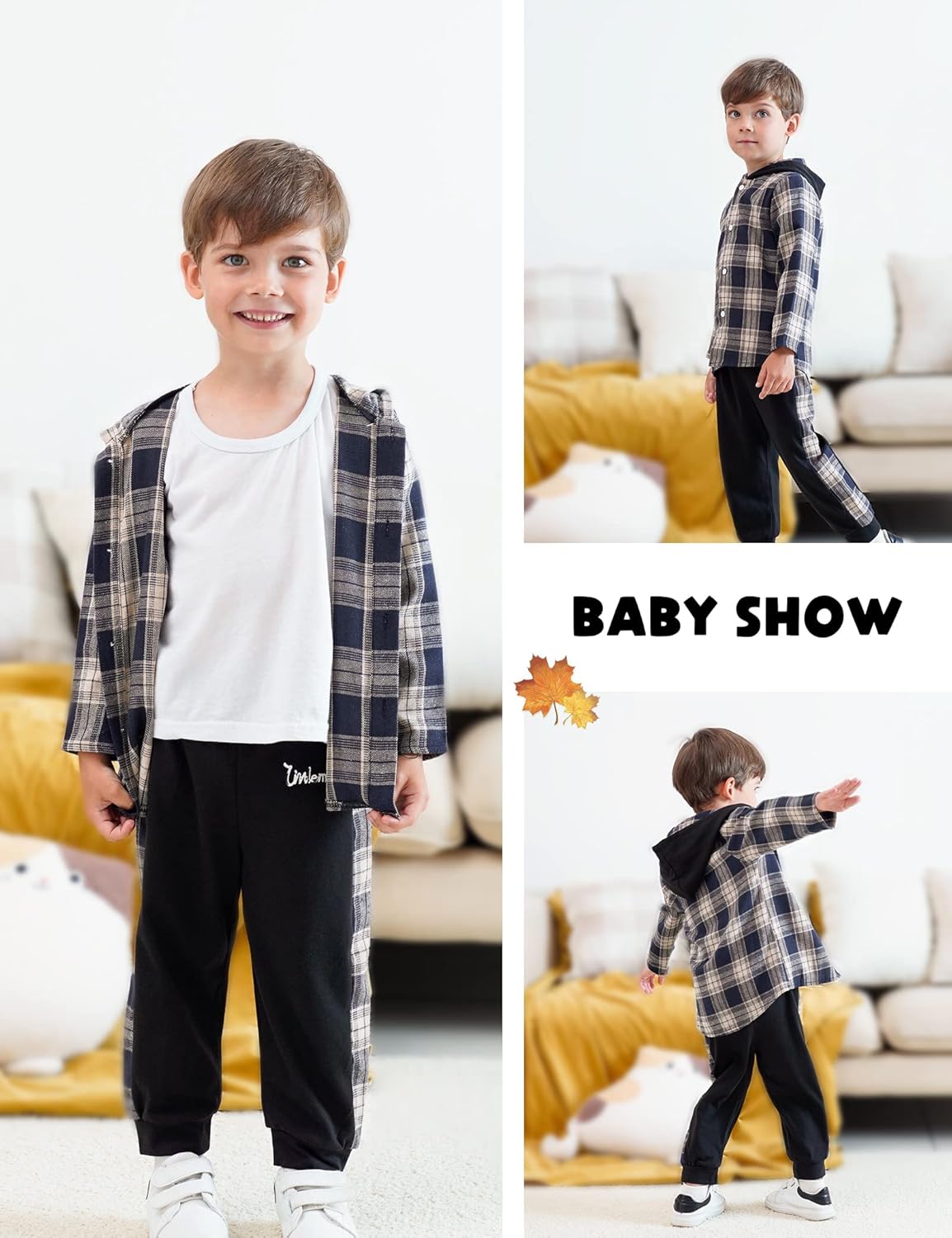 Fuermos Toddler Baby Boys Clothes Flannel Lattice Button Down Hooded Tops +Pants Boys Fall Winter Outfits - Image 3
