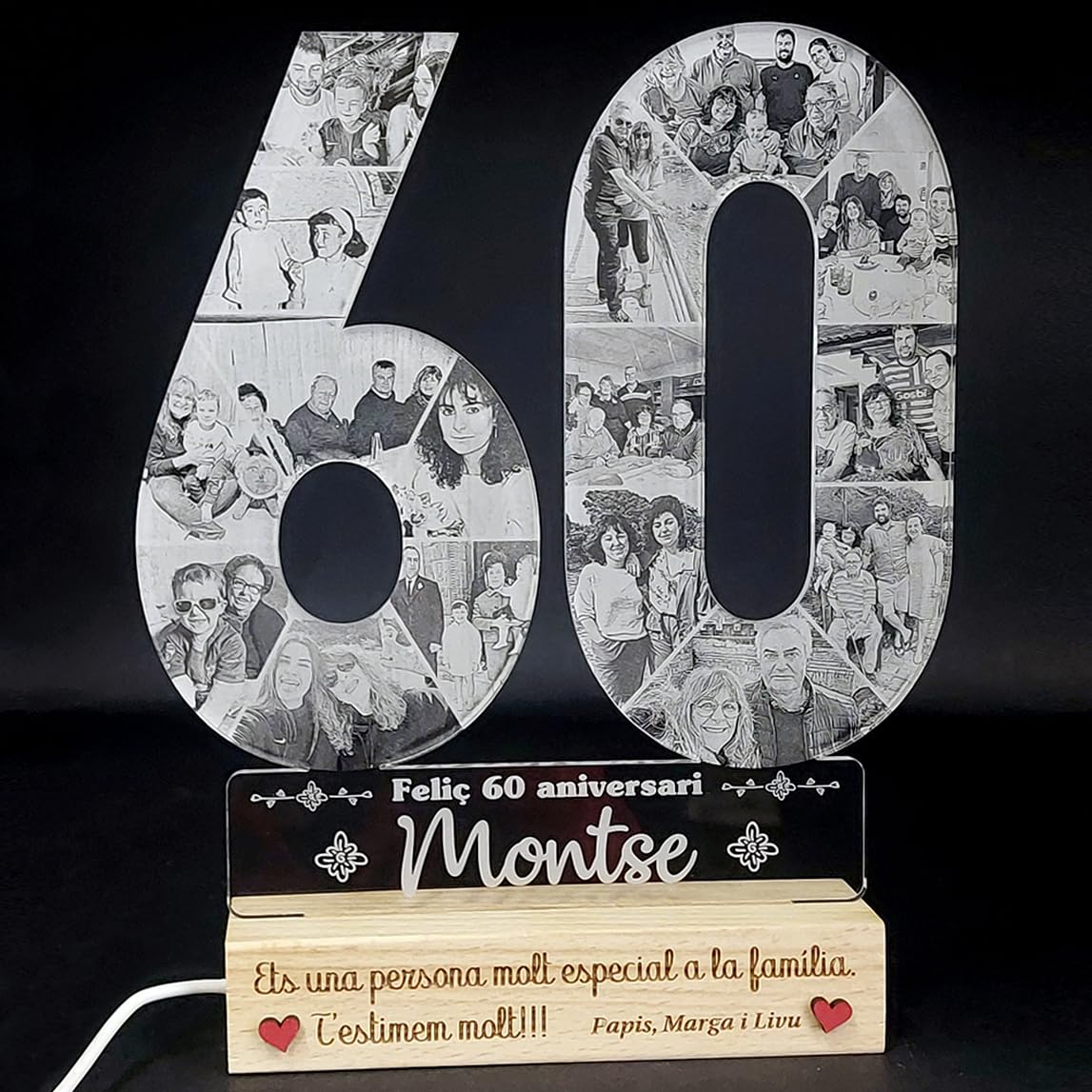 Genérico 7laser - Lámpara LED personalizada con 16 fotos y texto personalizado - con Base de Madera Natural - Regalo original para 60 aniversarios, cumpleaños, bodas de diamante - con conexión USB.