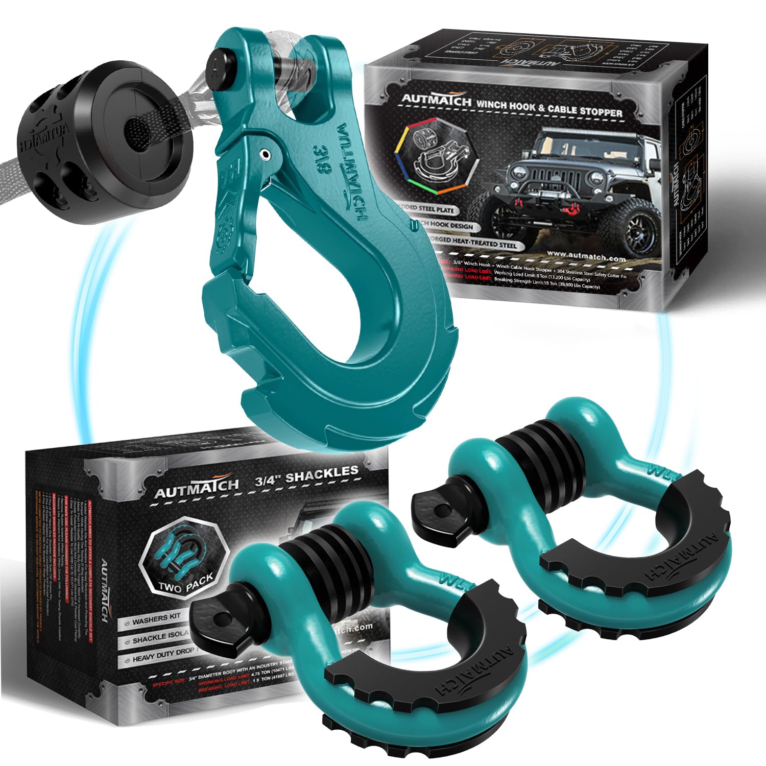 AUTMATCH3/8" Winch Hook with Winch Cable Hook Stopper, 3/4" D Ring Shackles - Grade 70 Forged Steel Clevis Slip Hook Work for Winch Rope, ATV, UTV, Off Road Vehicle, Teal