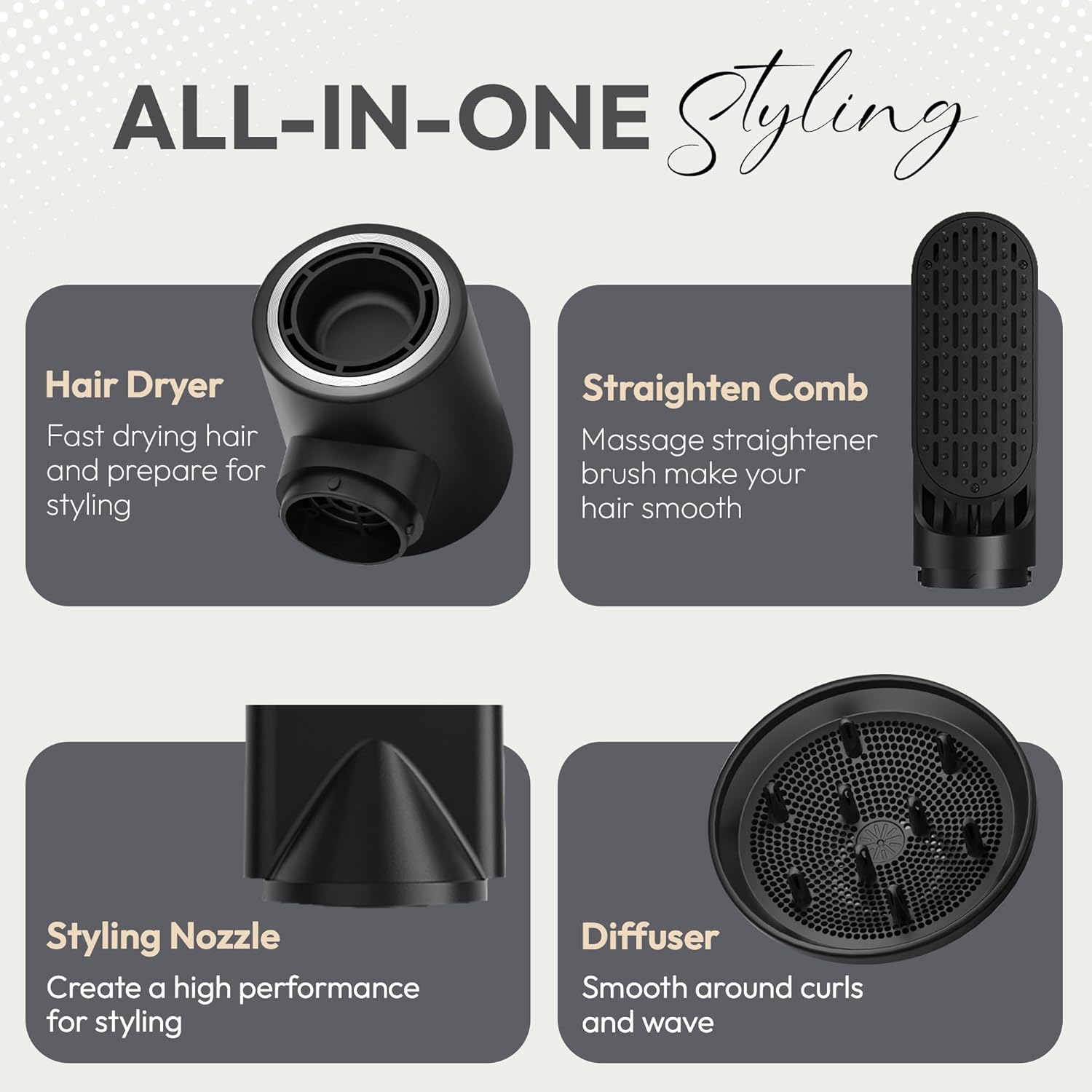 8 in 1 Hair Styler, Hair Styling Tools with 3 Heat Settings, Detachable Blow Dryer, Hot Air Curler Multi Styler Brush Set, Brush Curling Wrap Straight Curl Dry Volumiz Smooth – Black & Gold - Image 5