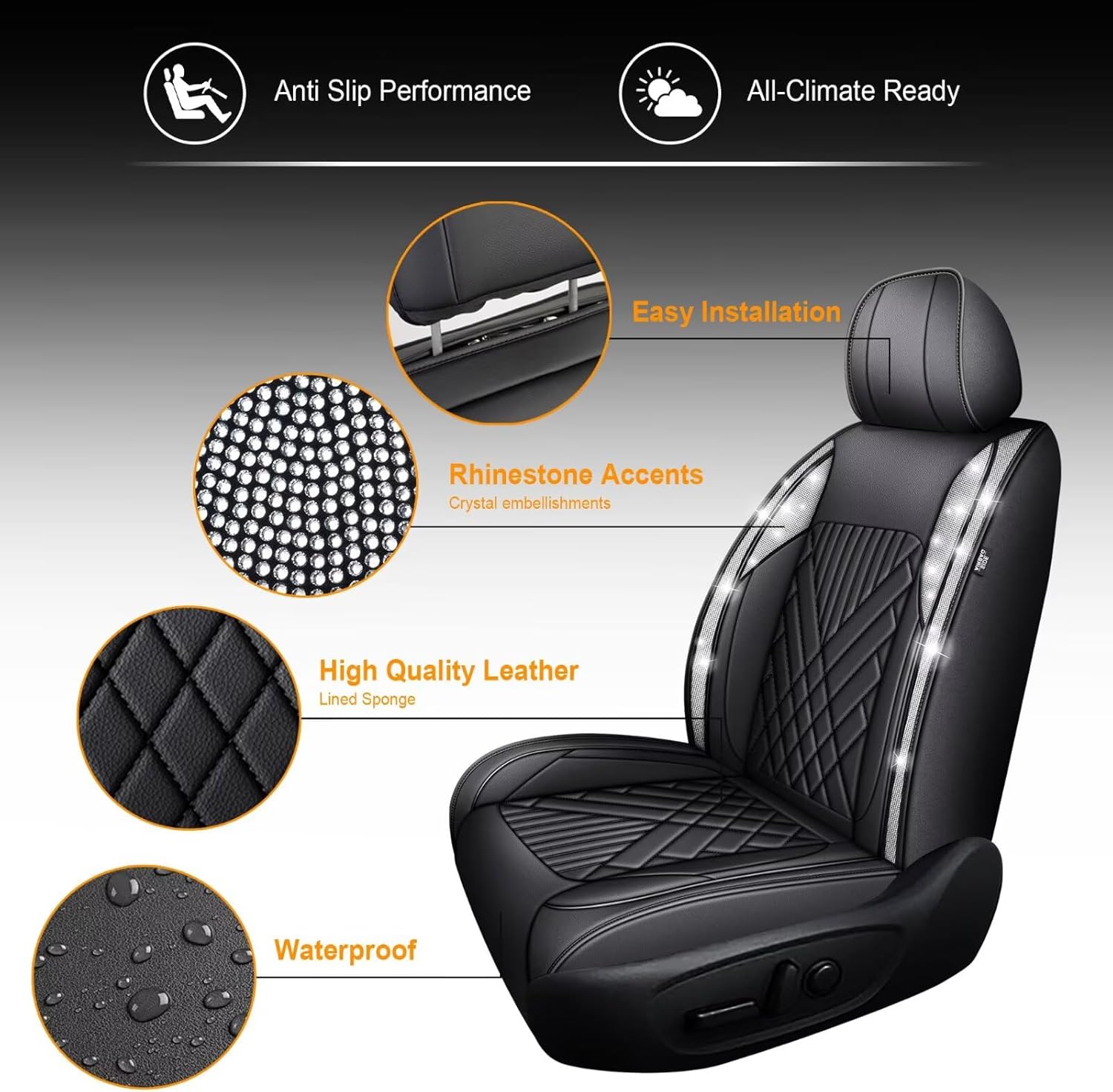 TTX LIGHTING Bling Diamond Embroidered Seat Covers for Nissan Rogue 2010-2025 2026, Full Set 5 Seats, Sparkle Rhinestone Breathable Perforated Faux Leather Car Seat Covers for Women (Black)