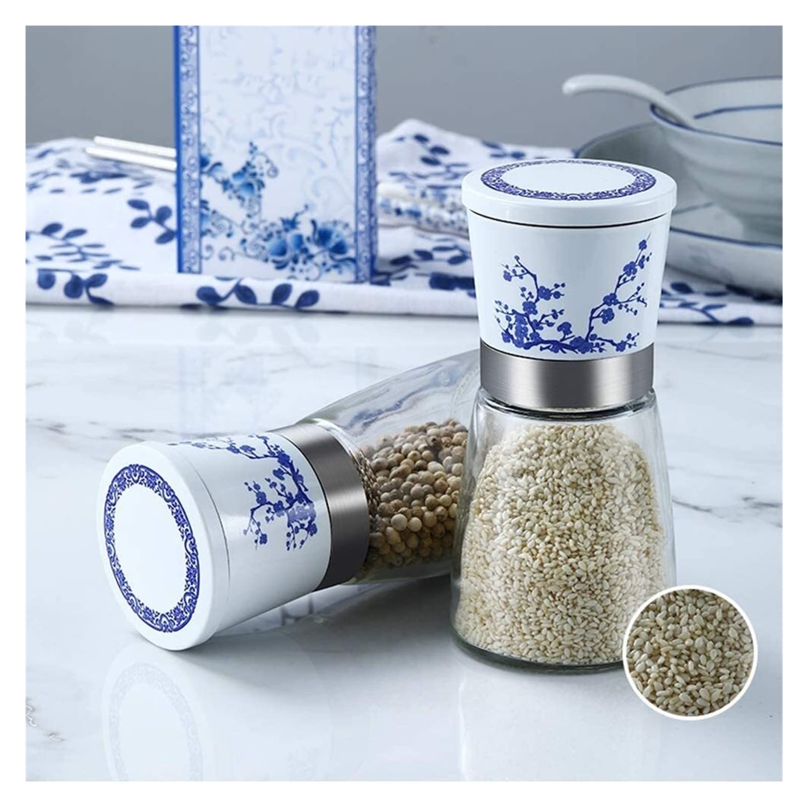 Młynek do Pieprzu Młynki do Pieprzu Zestaw Młynka Do Soli I Pieprzu, Niebiesko-biała Porcelana Młynek Do Soli I Pieprzu Ze Szklanym Korpusem Butelki Na Przyprawy Młynek do Soli Młynek do Pieprzu i Sol