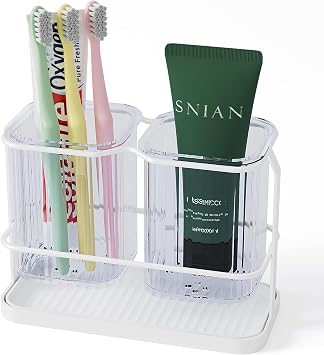 White Toothbrush Holders for Bathrooms, Toothbrush Holders Wall Mounted with 2 Cup, Dry & Wet Separation, Bathroom Countertop Organizer and Storage, Toothbrush Holder Set for Family Kids