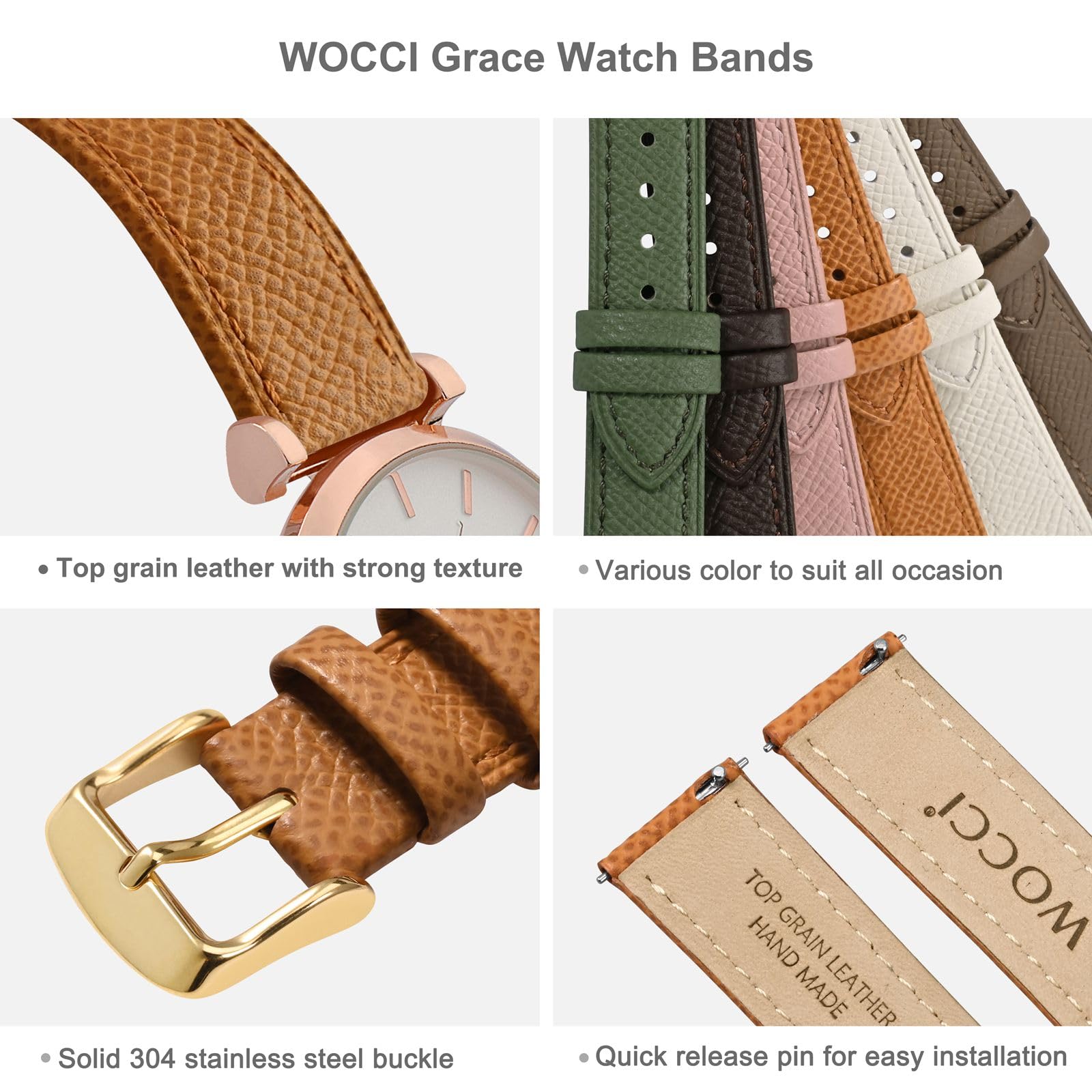 WOCCI Grace Watch Pasek do zegarka, skóra licowa, szybkie zapięcie, Quick Release, klamra ze stali nierdzewnej, szerokość paska 12, 14, 16, 18, 20 mm