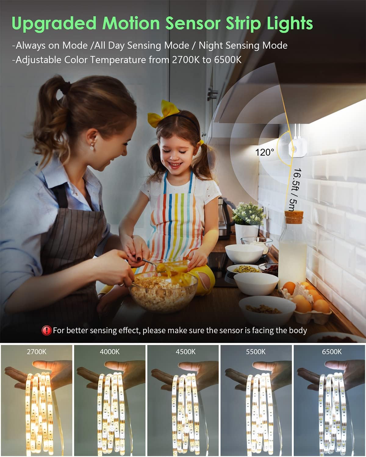 Image showing a family installing the LED strip lights under kitchen cabinets, highlighting the motion sensor placement.