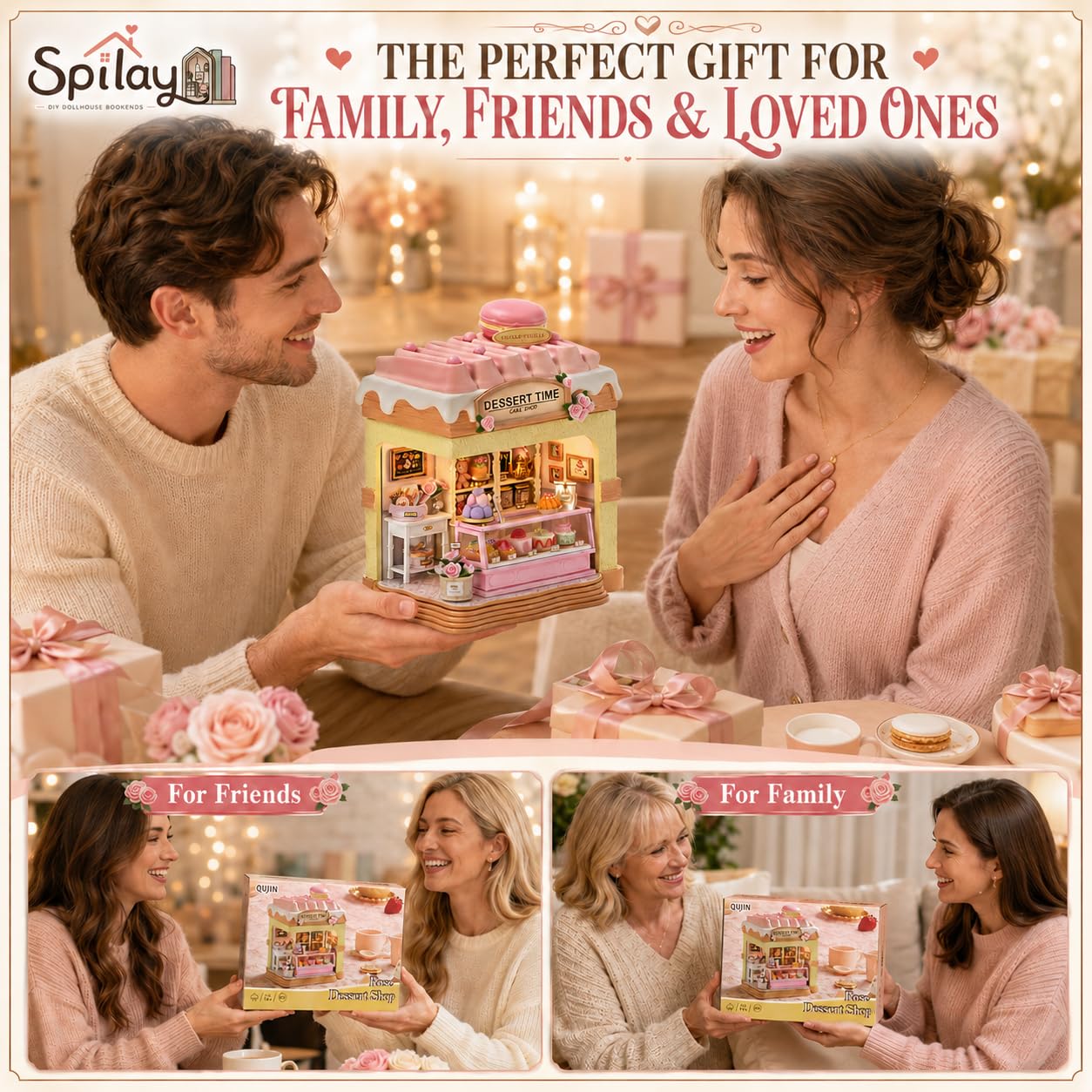 Spilay Miniatur Haus, Rose Dessert Shop DIY Miniature House mit LED-Licht, 3D Holz Puppenhaus Bastelset zum Entspannen & als Deko - Kreatives Geschenk (Weihnachten, Valentinstag, Geburtstag)
