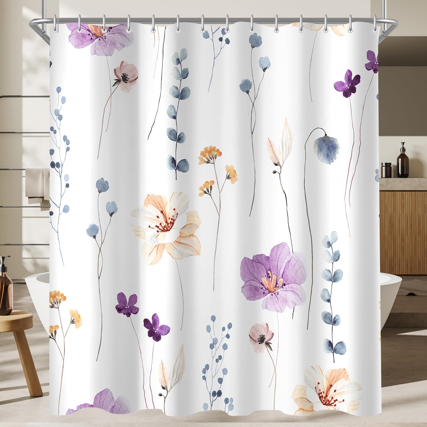 Lerores Shower Curtain, 120 x 200 cm, Purple Flower, Weighted Hem, Anti-Mould, Water-Repellent