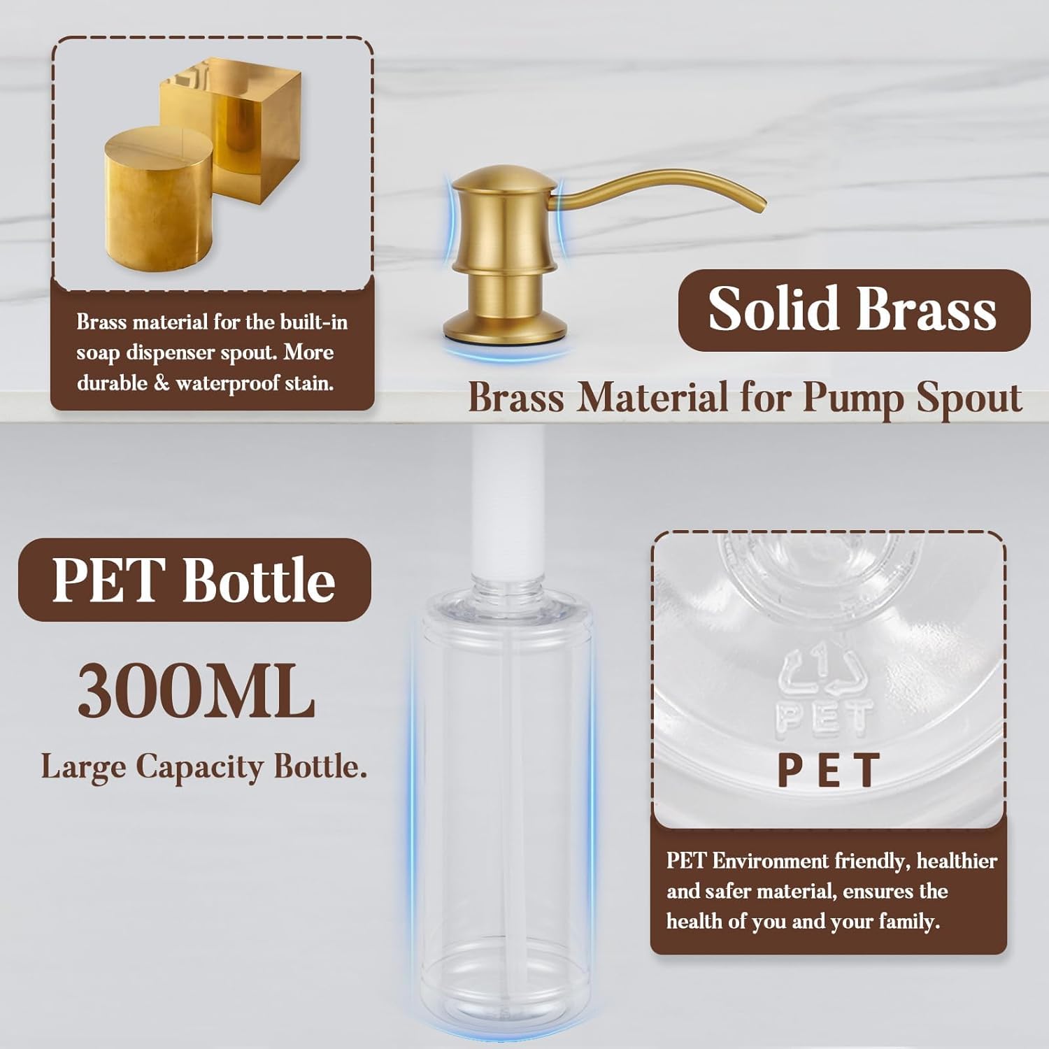 Built in Soap Dispenser for Kitchen Sink Countertop, Solid Brass Pump Head Long Spout with 10.2 Ounce PET Food Safe Material Lotion Bottle, Brushed Gold Finish - Image 4