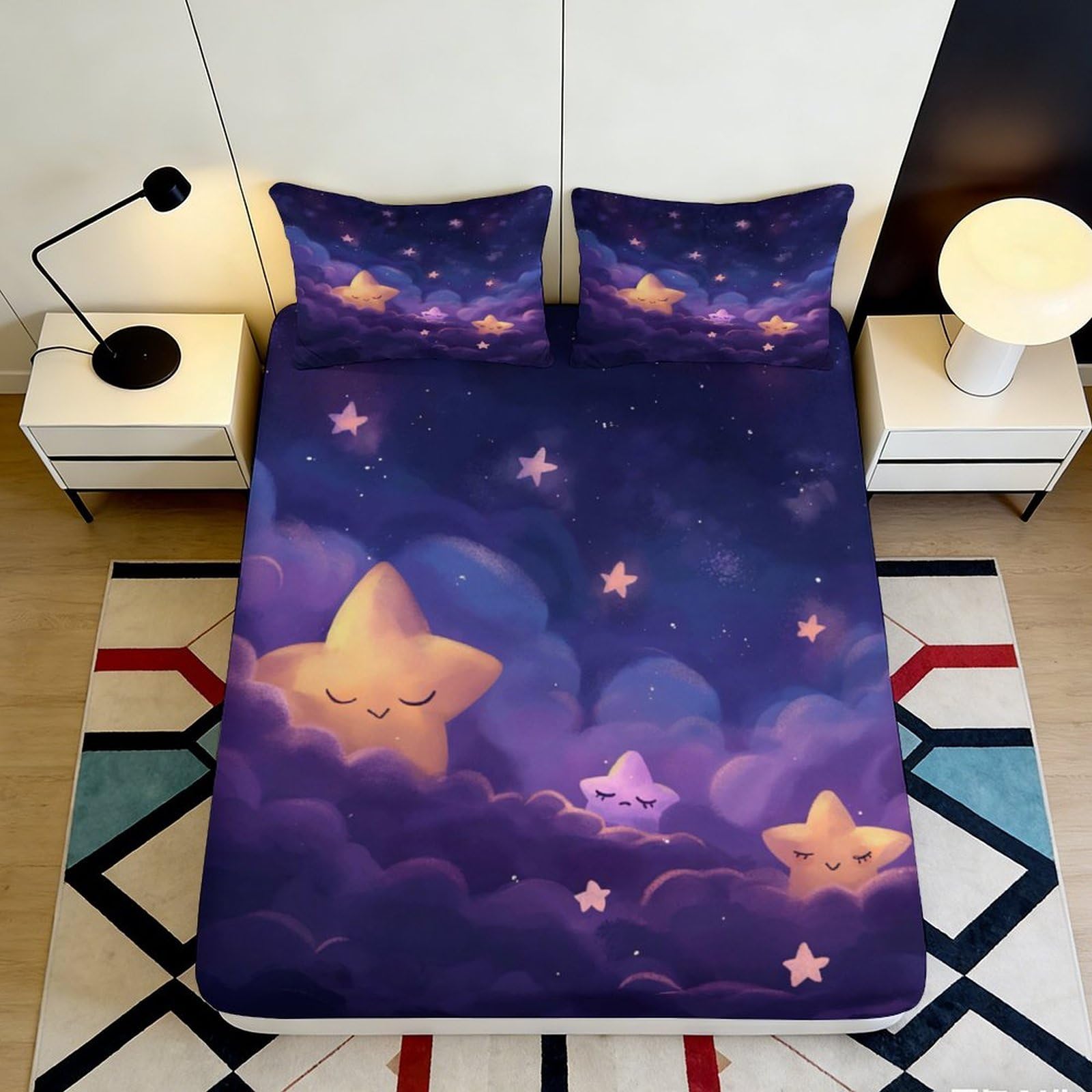 Jqzkxnhpbr Style-9 3D Printed Dreamy Star Night Fitted Sheet Microfiber Soft Purple Bed Cover For Bedroom Dorm Mattress Decor 90X200x25cm