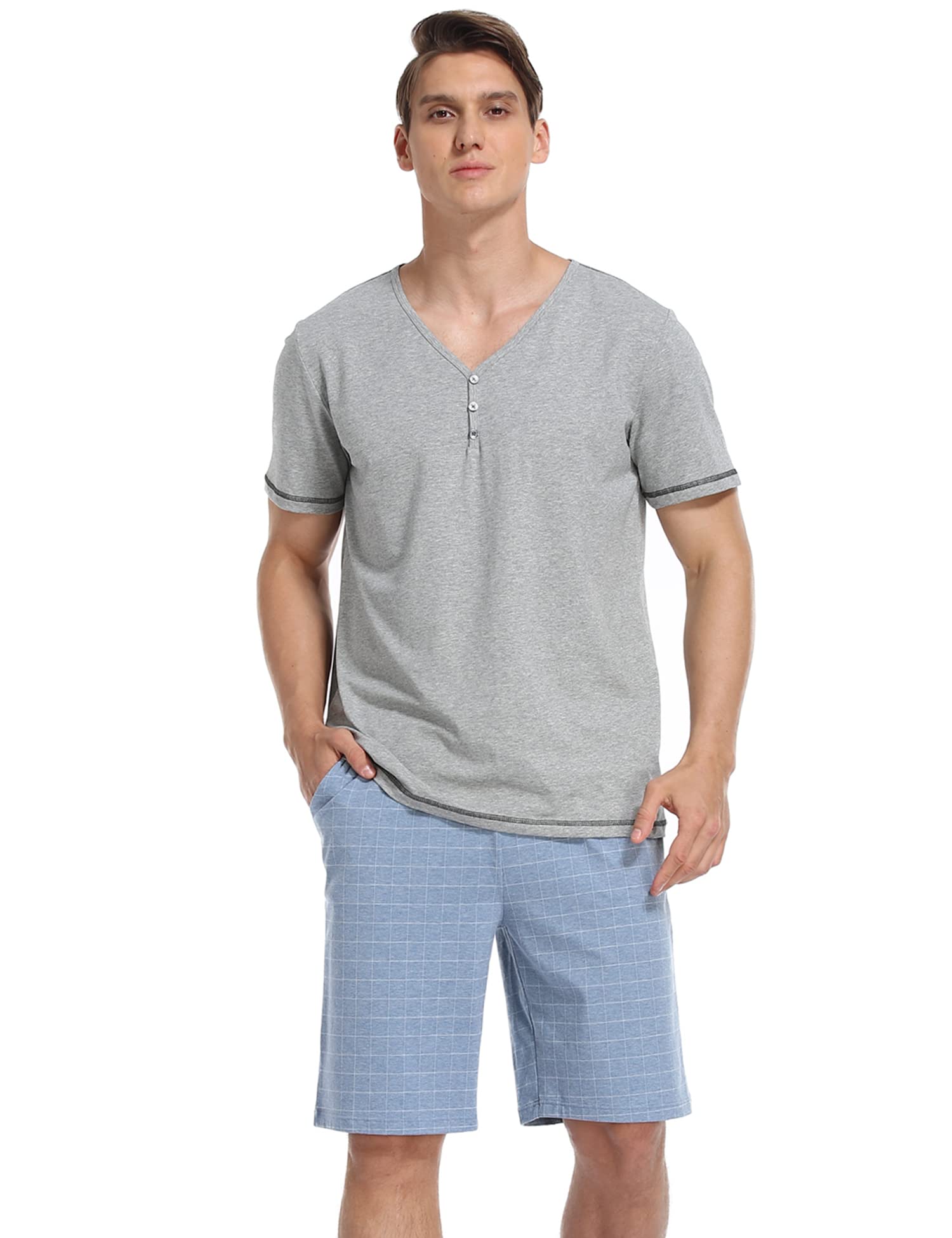 COLORFULLEAF Herren-Pyjama-Set, 100 % Baumwolle, kurzärmelig, Knopfleiste, gekerbter Kragen, Nachtwäsche, weicher Lounge-Pyjama mit Taschen