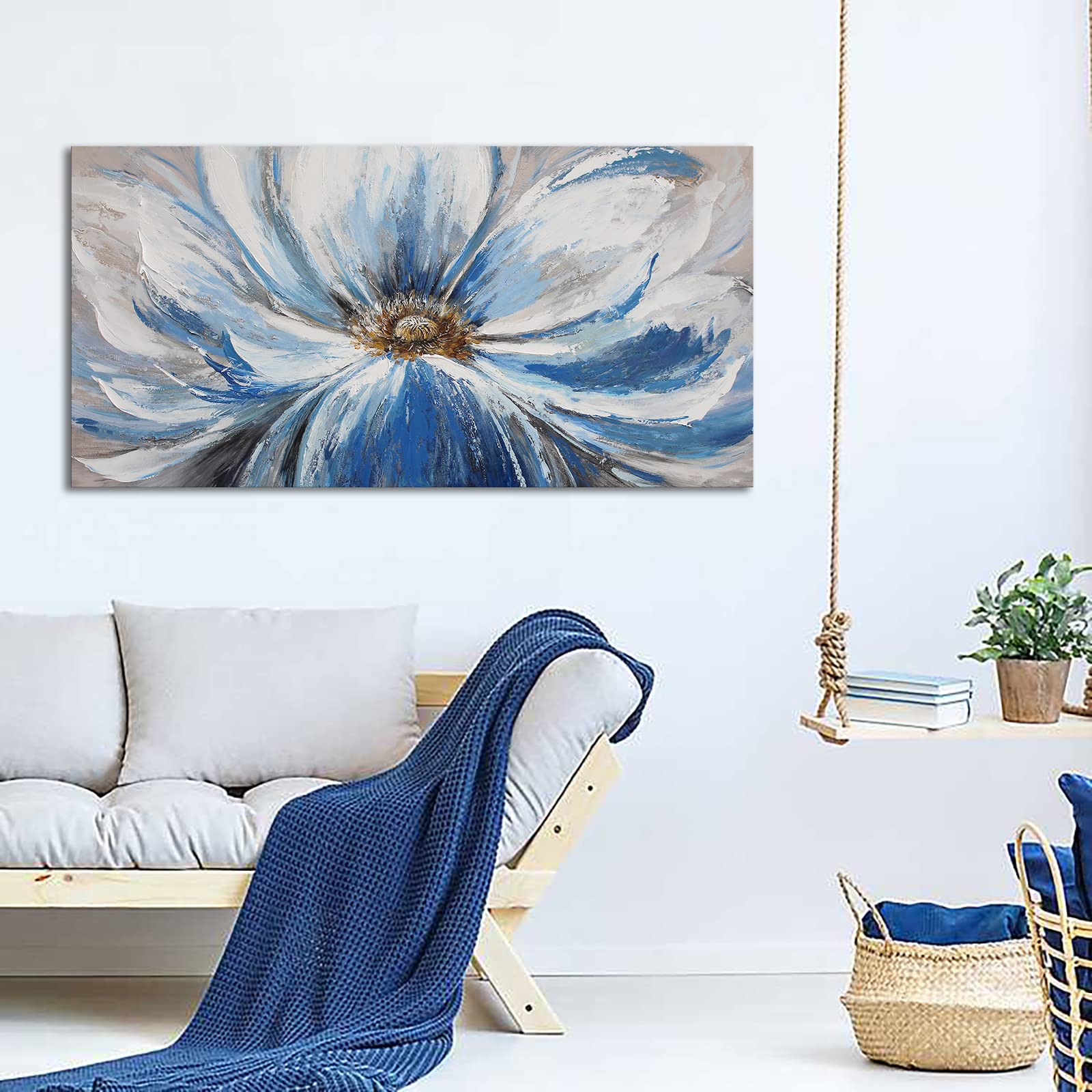 Mofutinpo Large Flower Canvas Wall Art for Living Room Large White Blue ...