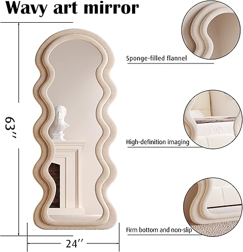 Miniatura 5 de BOJOY Espejo ondulado irregular de 63 x 24 pulgadas, montaje en pared, espejo moderno para dormitorio, color té de leche