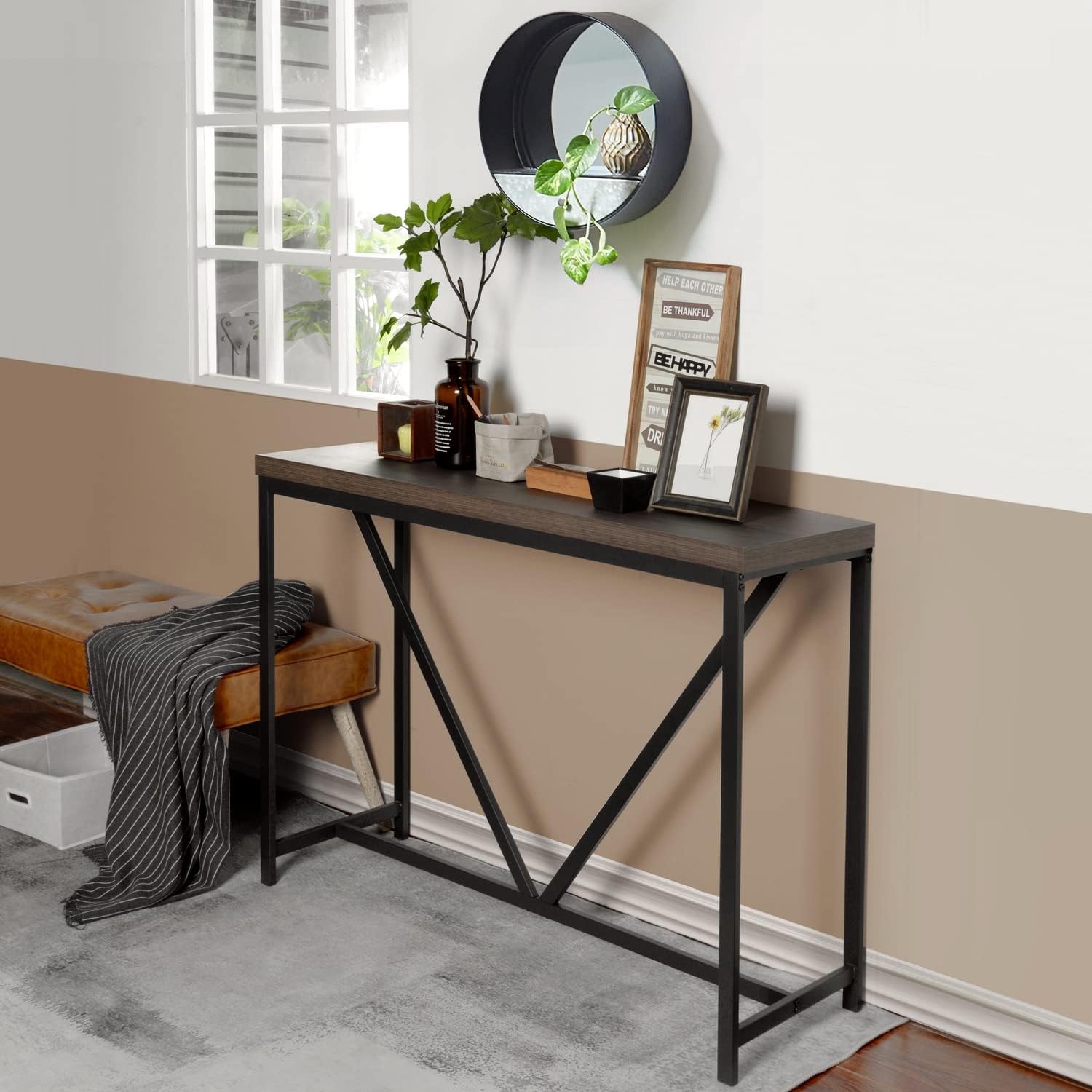 FurnitureR Industrial 47In Narrow Sofa Entryway Thick Table Top for Hallway Living Room Office Entryway Corridor Console (Brown)