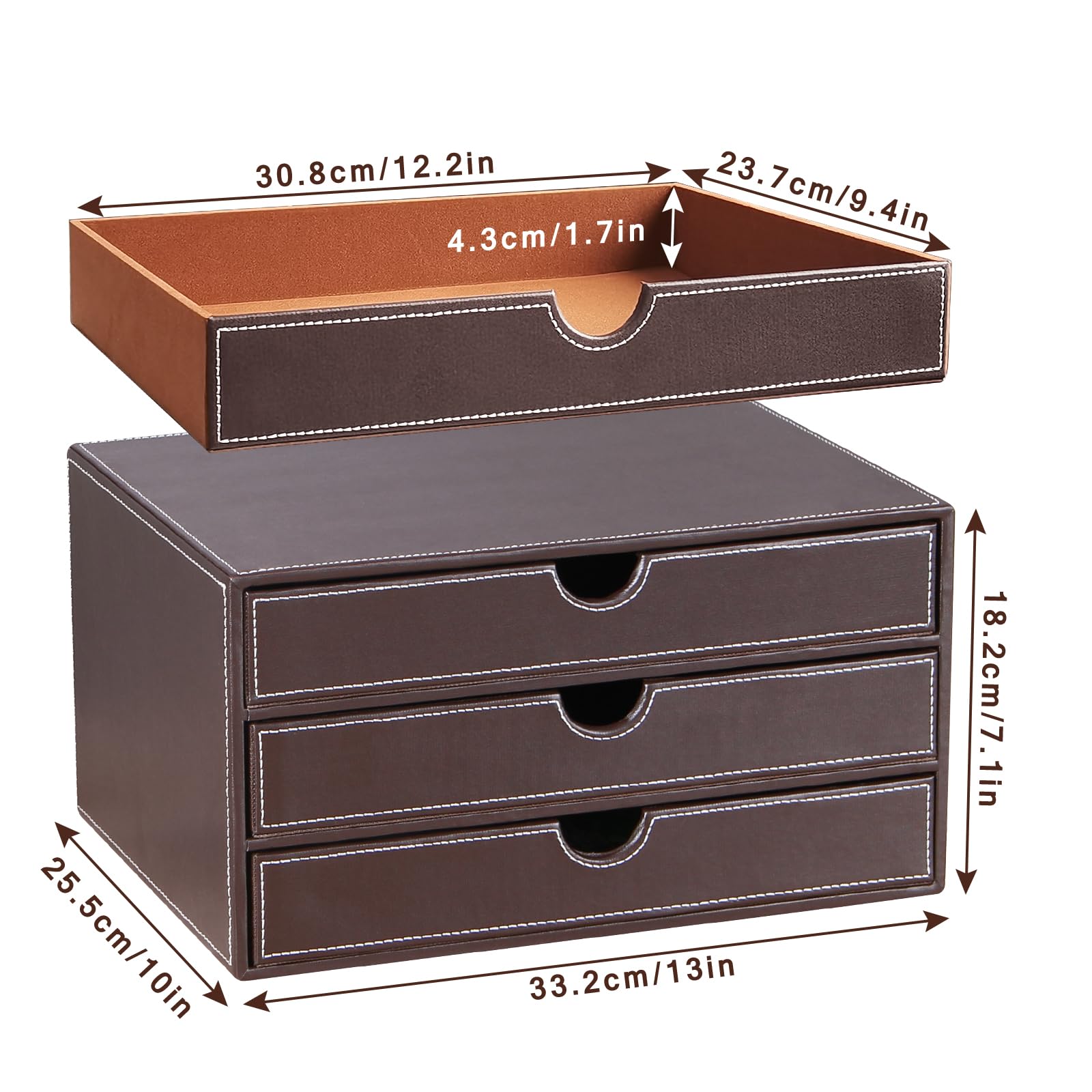 Organizador de escritorio de piel sintética con 3 cajones, cajón multifuncional de escritorio para artículos de papelería, papel A4, documentos, revistas, libros, cartas, joyas, productos de