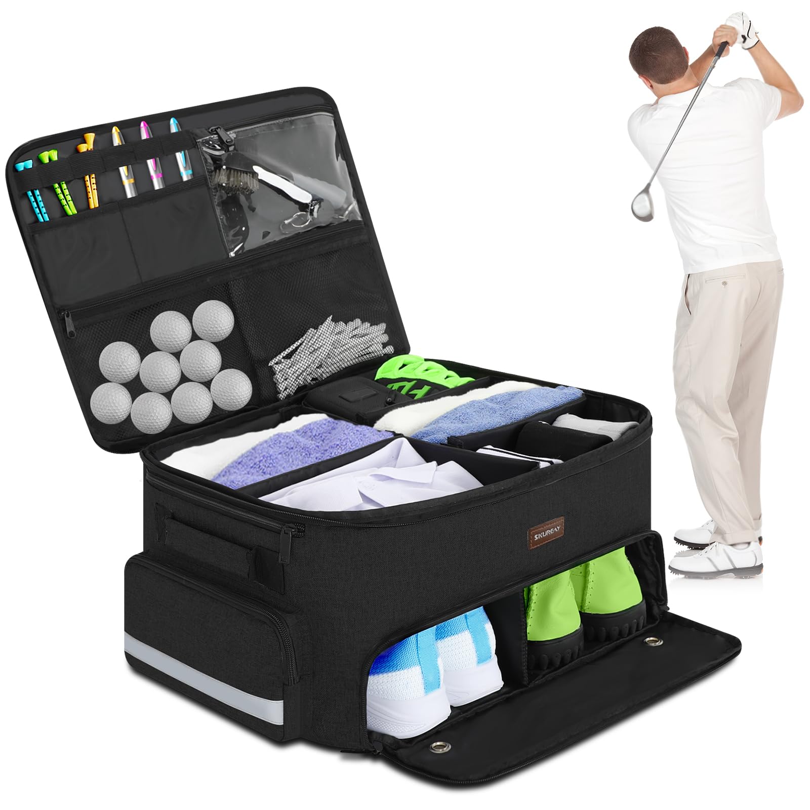 Organizzatore da Golf per Auto, armadietto da Golf a 2 Strati con Scomparto per Scarpe ventilato Separato, Organizer per Auto da Golf Grigio per Accessori da Golf, da Uomo (Nero)