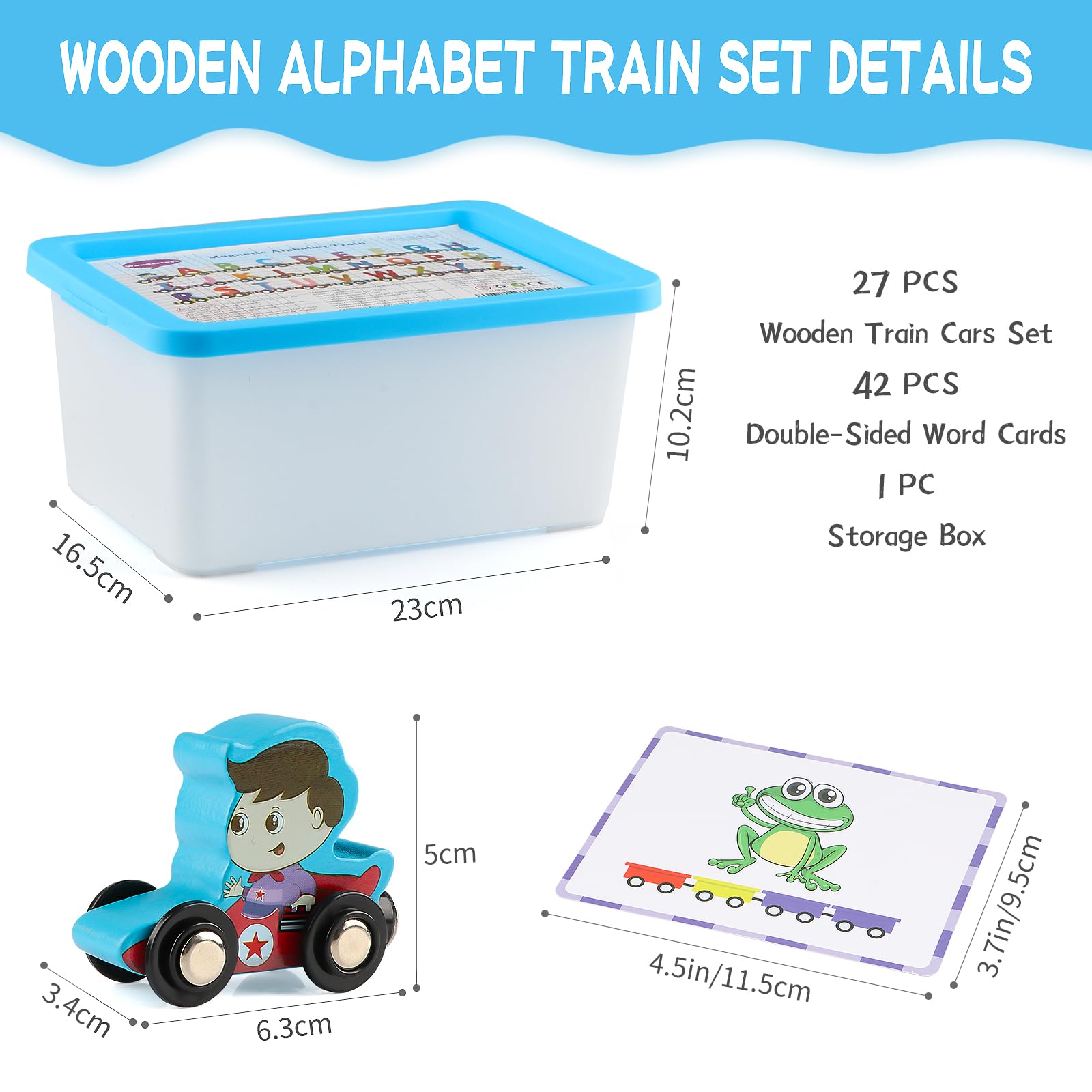 Juguete de tren del alfabeto de madera, 27 piezas, letras magnéticas del alfabeto ABC, incluye 42 tarjetas flash, 1 motor y 1 caja de almacenamiento para niños pequeños y niñas 5