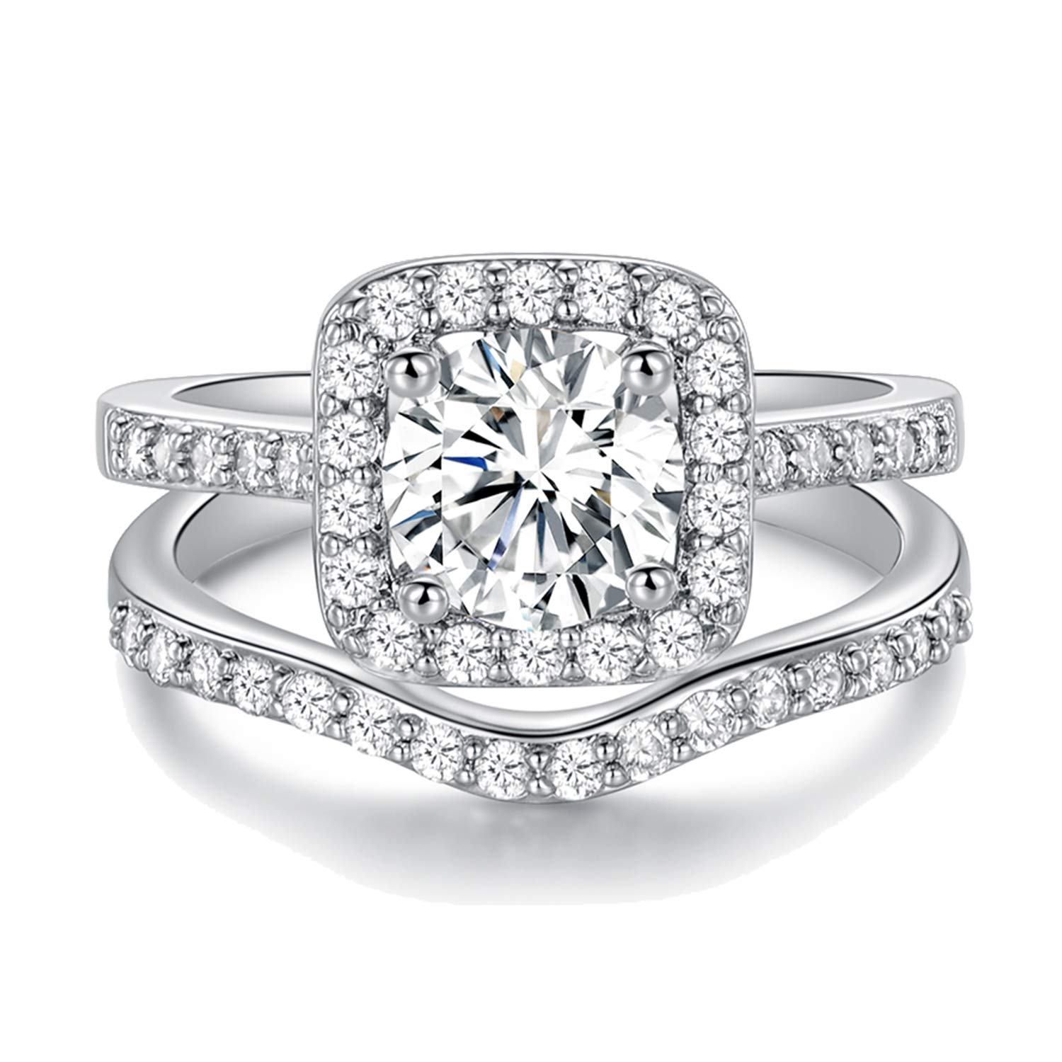 XBRN Three-in-One Wedding Engagement Rings for Women,18K White Gold Plated Halo Promise Eternity Bridal Band Rings Set